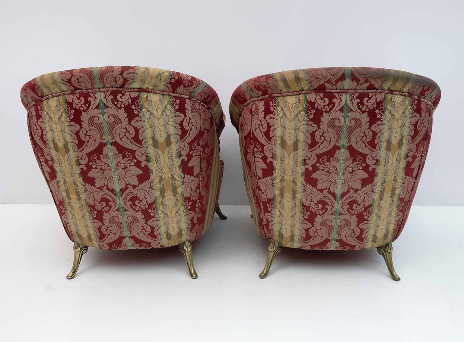 Pair of Neoclassical Style Italian Brass and Fabric Armchairs, 1950s 2