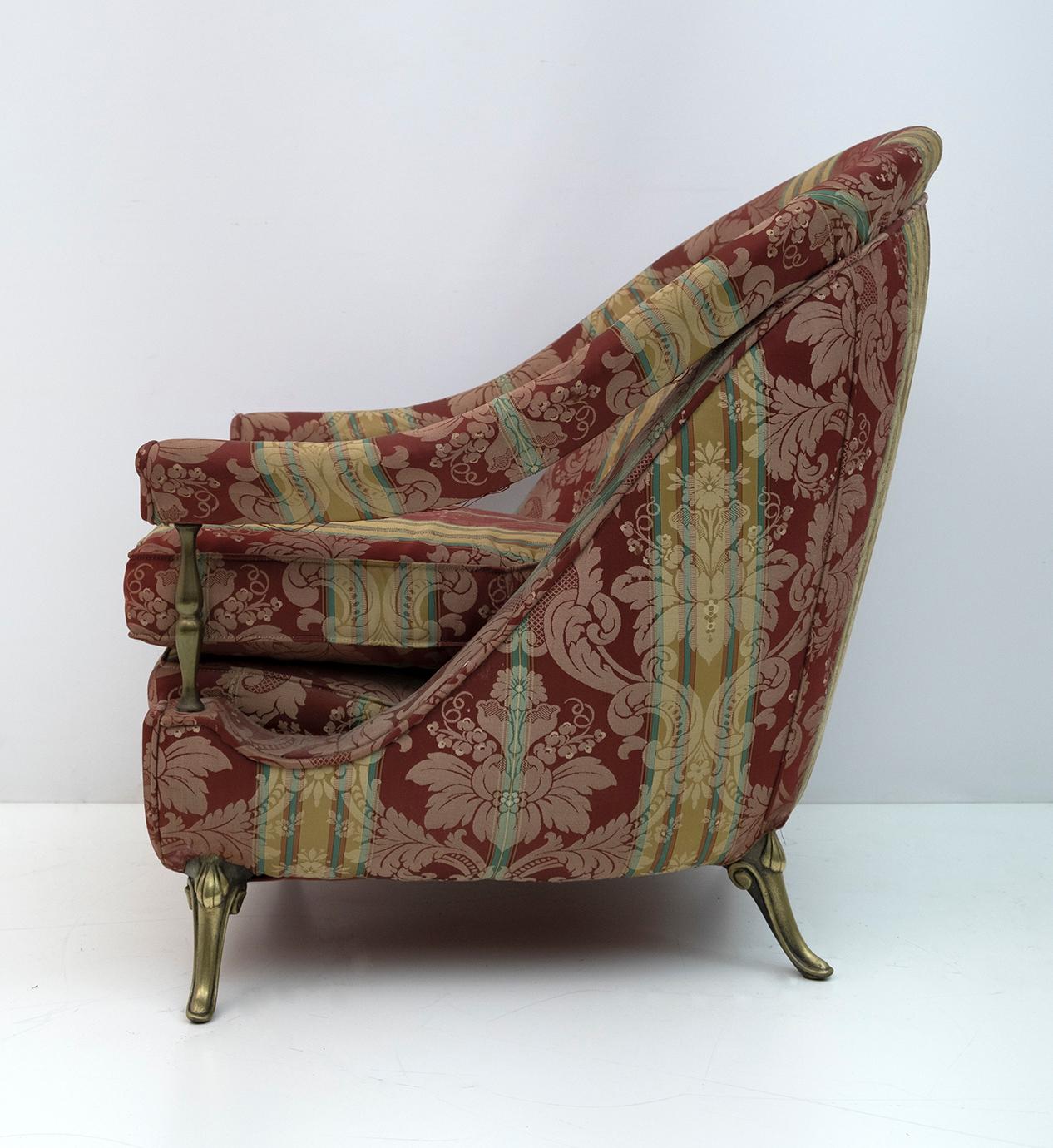 Pair of Neoclassical Style Italian Brass and Fabric Armchairs, 1950s 3