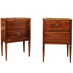 Pair of Neoclassical Style Italian Walnut Commodinis with Two Drawers and Inlay