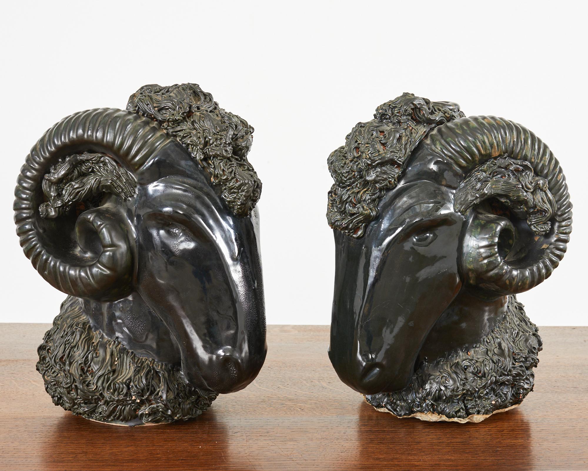 American Pair of Neoclassical Style Jade Rams Head Pottery Sculptures For Sale