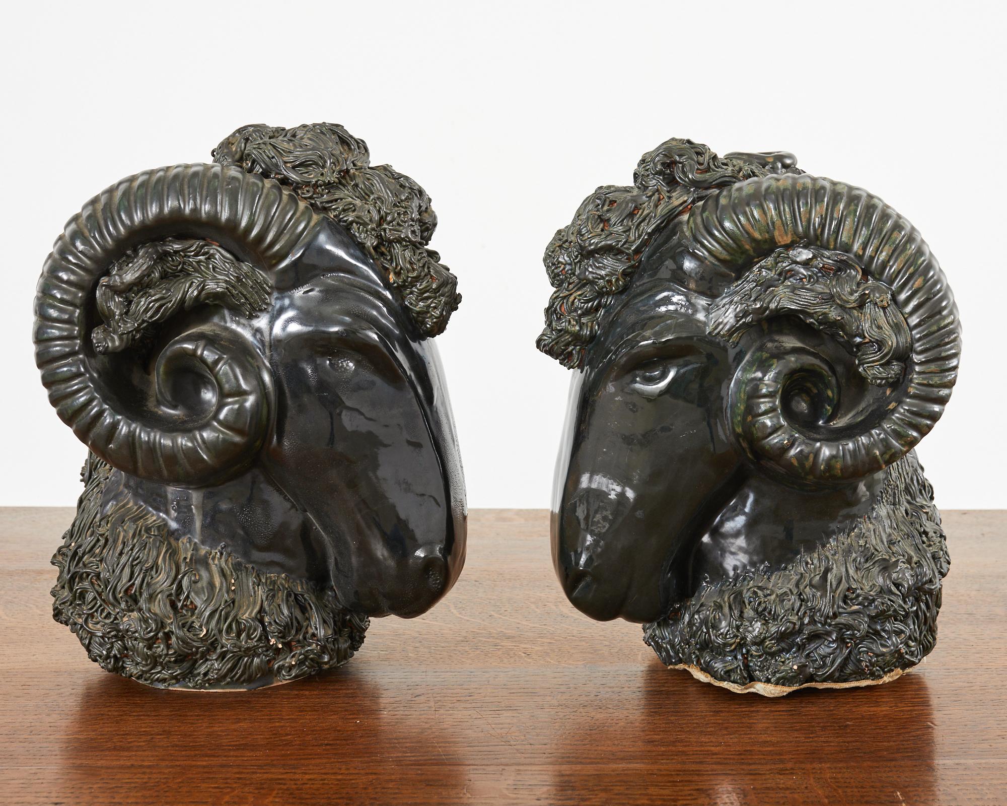 Hand-Crafted Pair of Neoclassical Style Jade Rams Head Pottery Sculptures For Sale