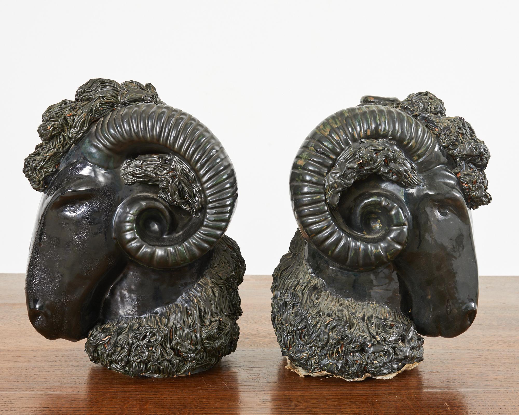 Pair of Neoclassical Style Jade Rams Head Pottery Sculptures In Distressed Condition For Sale In Rio Vista, CA