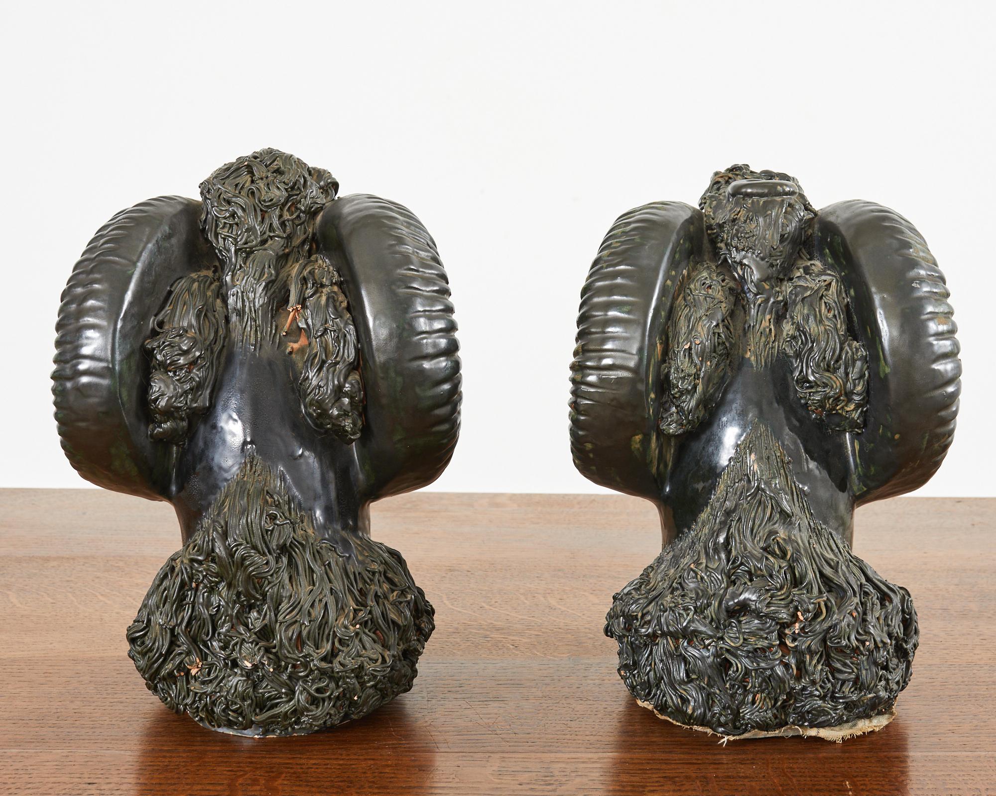 20th Century Pair of Neoclassical Style Jade Rams Head Pottery Sculptures For Sale