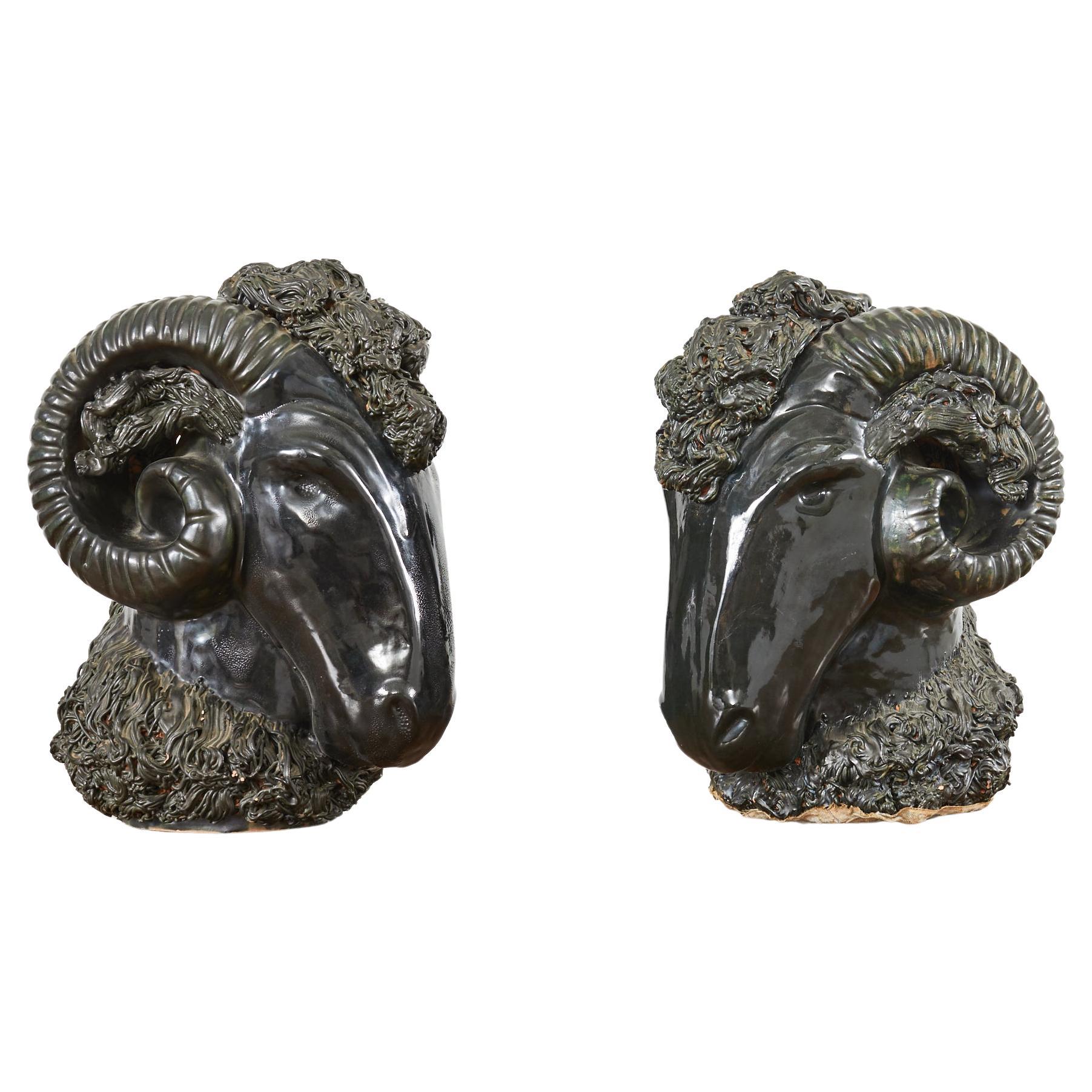 Pair of Neoclassical Style Jade Rams Head Pottery Sculptures For Sale