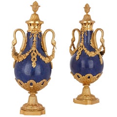 Pair of Neoclassical Style Lapis Lazuli and Gilt Bronze Vases
