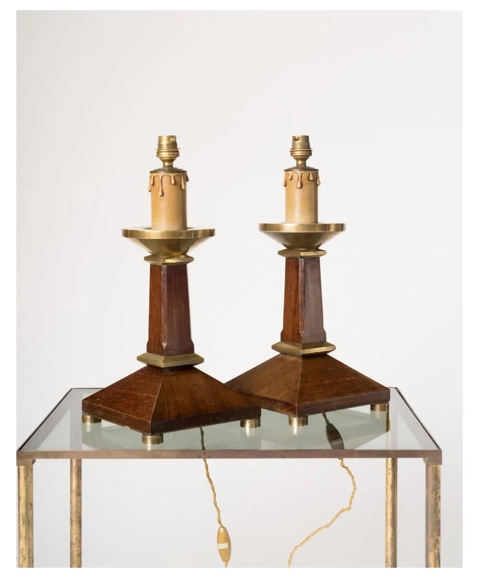 French Pair of Neoclassical Style Mahogany and Brass Table Lamps, France 1960s For Sale