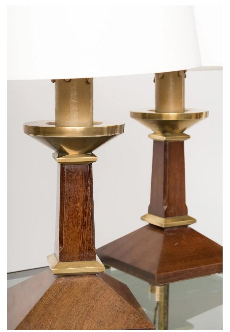 Pair of Neoclassical Style Mahogany and Brass Table Lamps, France 1960s For Sale 3