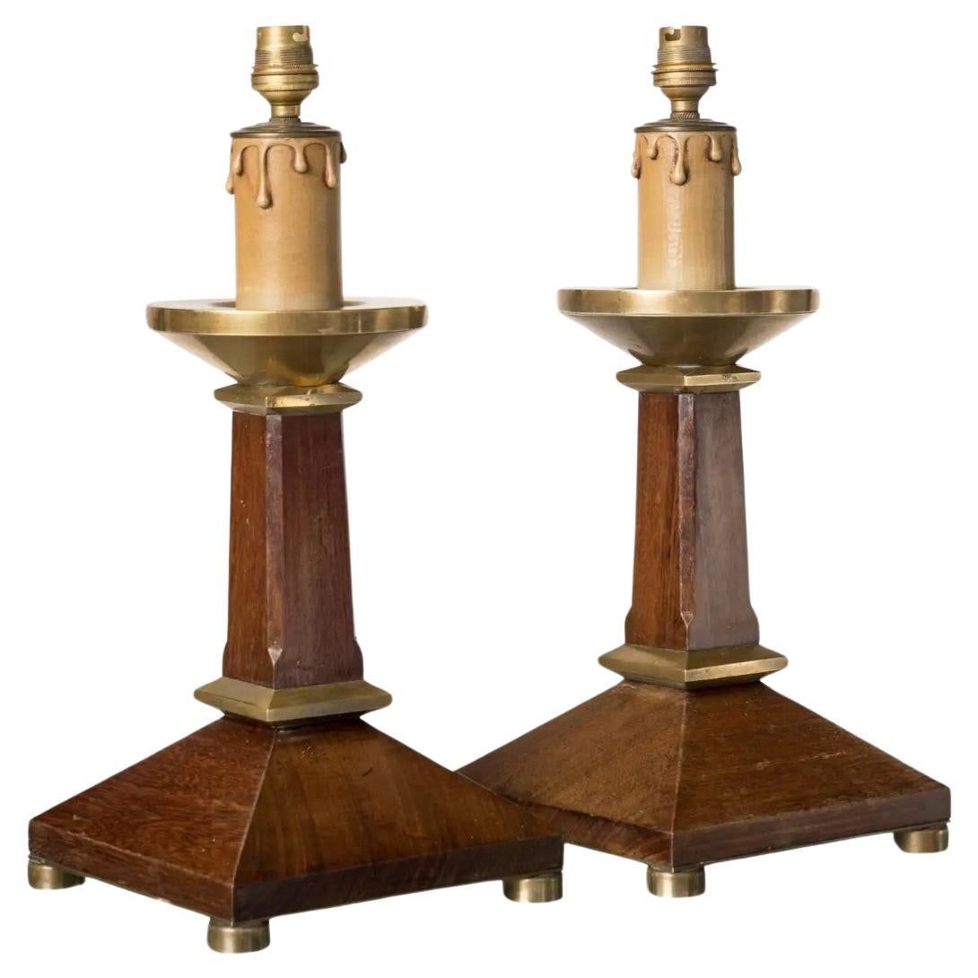 Pair of Neoclassical Style Mahogany and Brass Table Lamps, France 1960s For Sale