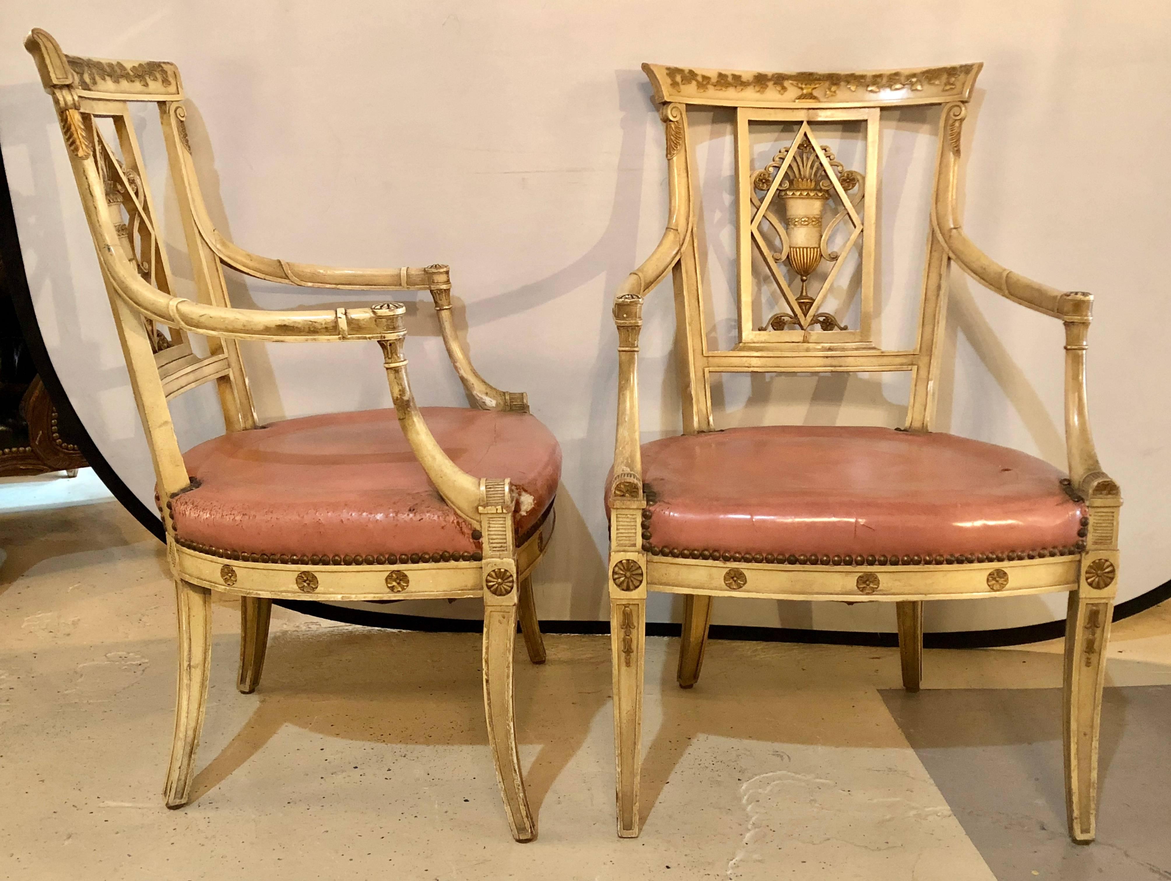 French Pair of Neoclassical Style Maison Jansen Armchairs or Fauteuils
