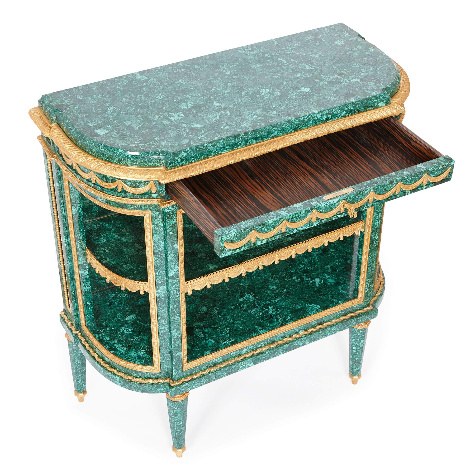 French Pair of Neoclassical Style Malachite and Gilt Bronze Commodes For Sale