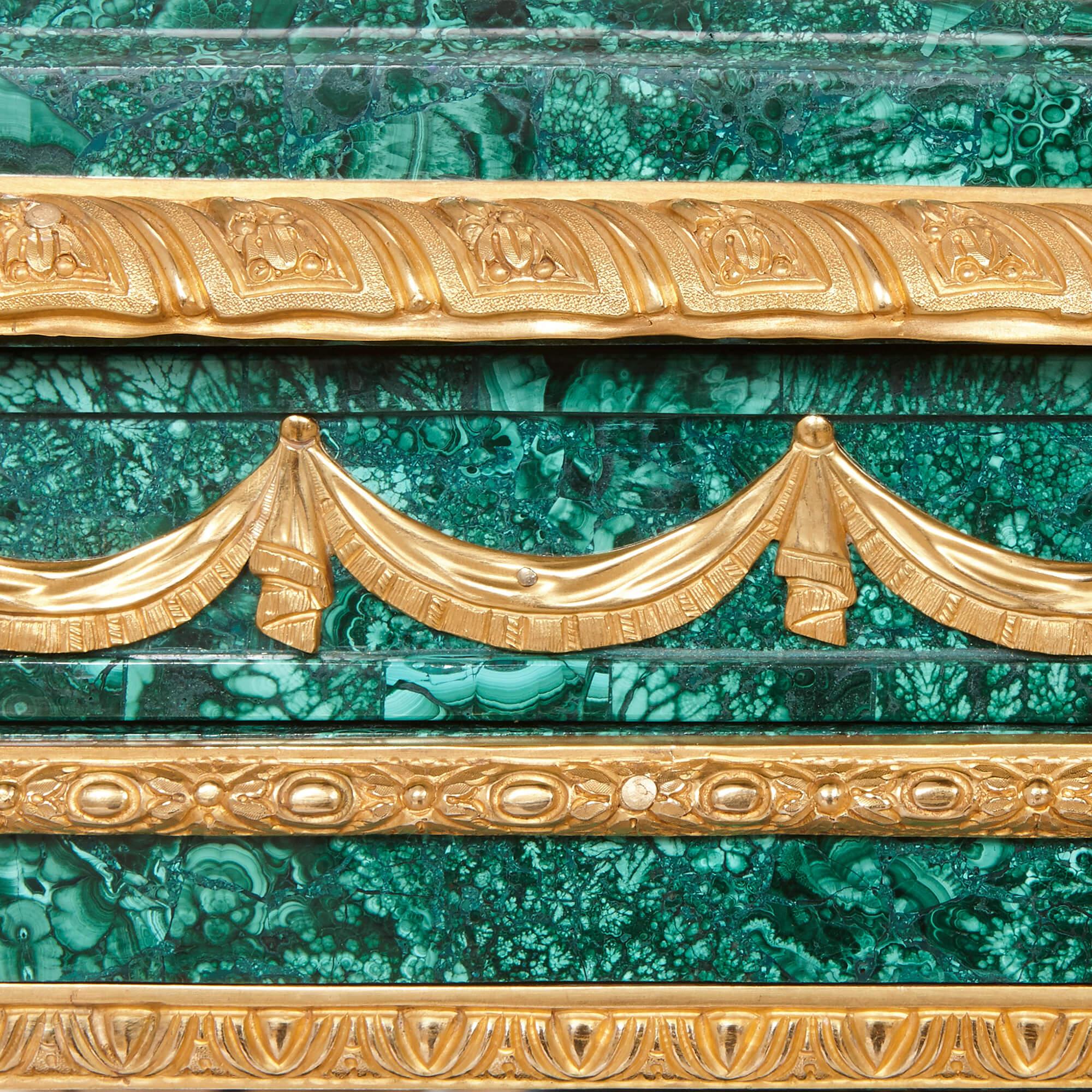 20th Century Pair of Neoclassical Style Malachite and Gilt Bronze Commodes For Sale