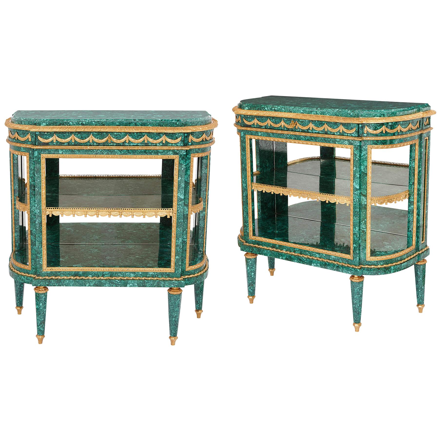 Pair of Neoclassical Style Malachite and Gilt Bronze Commodes For Sale