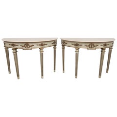 Pair of Neoclassical Style Marble-Top Demilune Console Tables