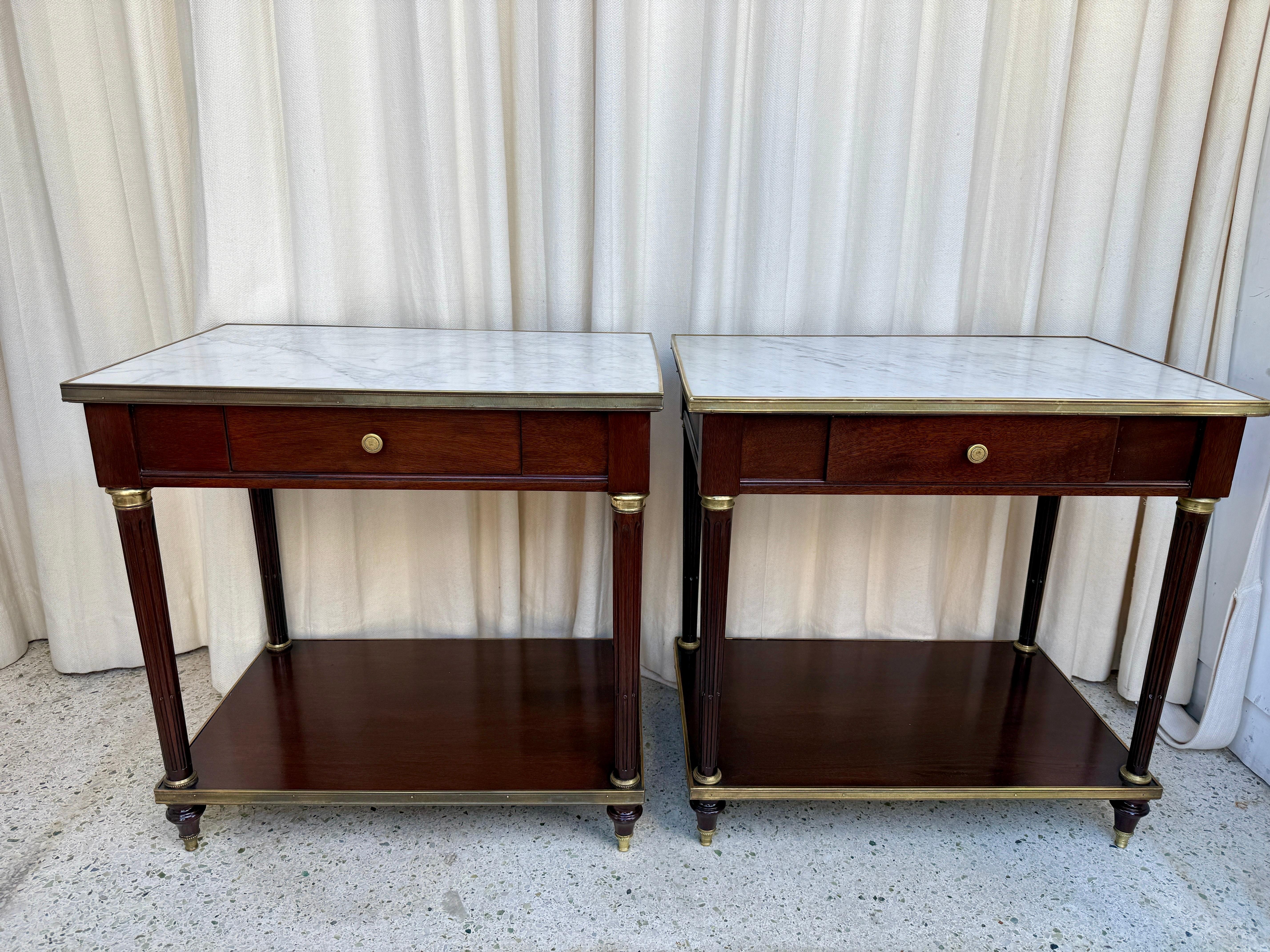 Brass Pair of Neoclassical Style Marble-top Night Tables by Jansen For Sale