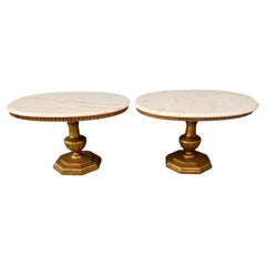Pair of Neoclassical Style Marble Top Pedestal Side Tables with Giltwood Bases