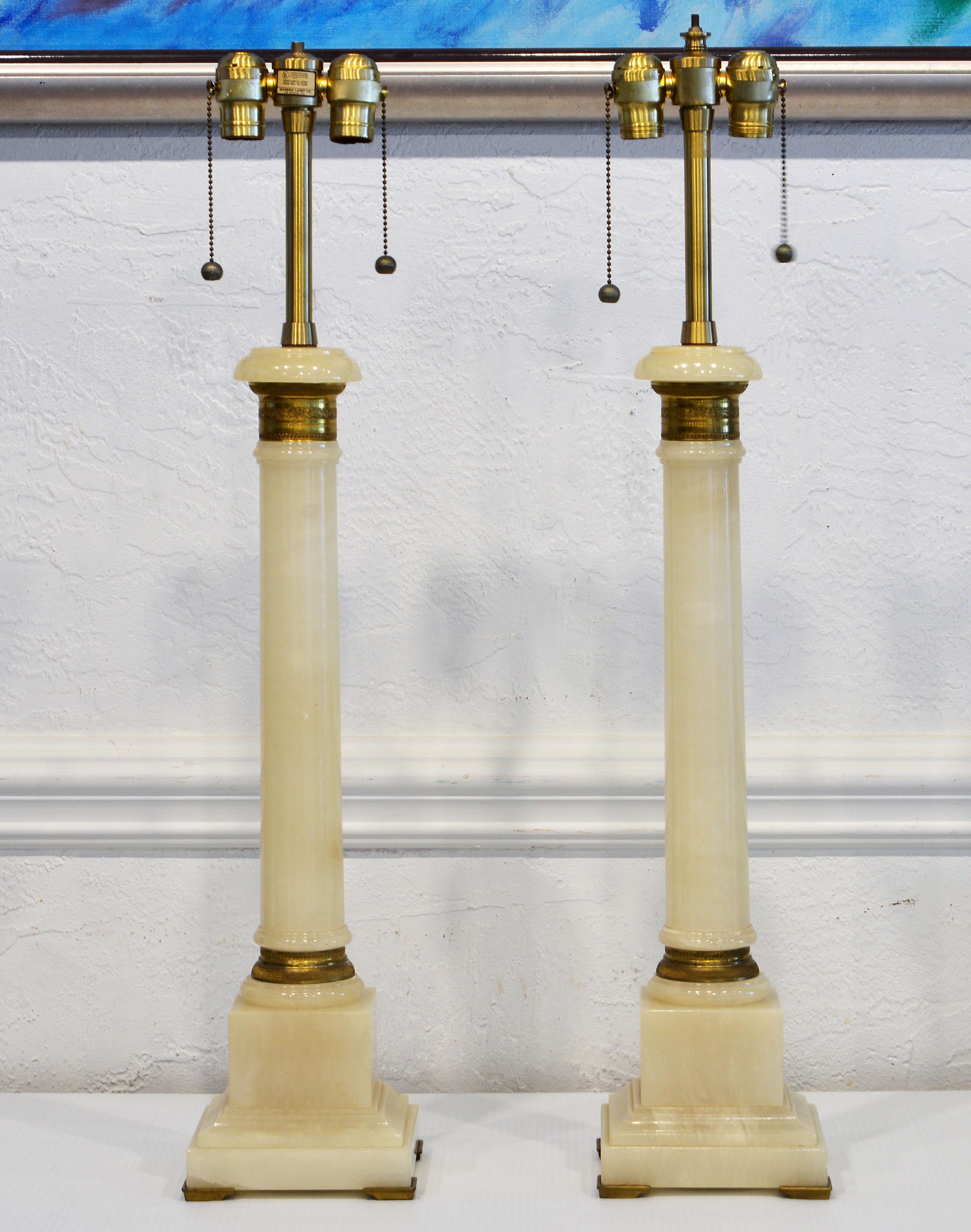 American Pair of Neoclassical Style Marbro Bronze Mounted Onyx Column Table Lamps C. 1960