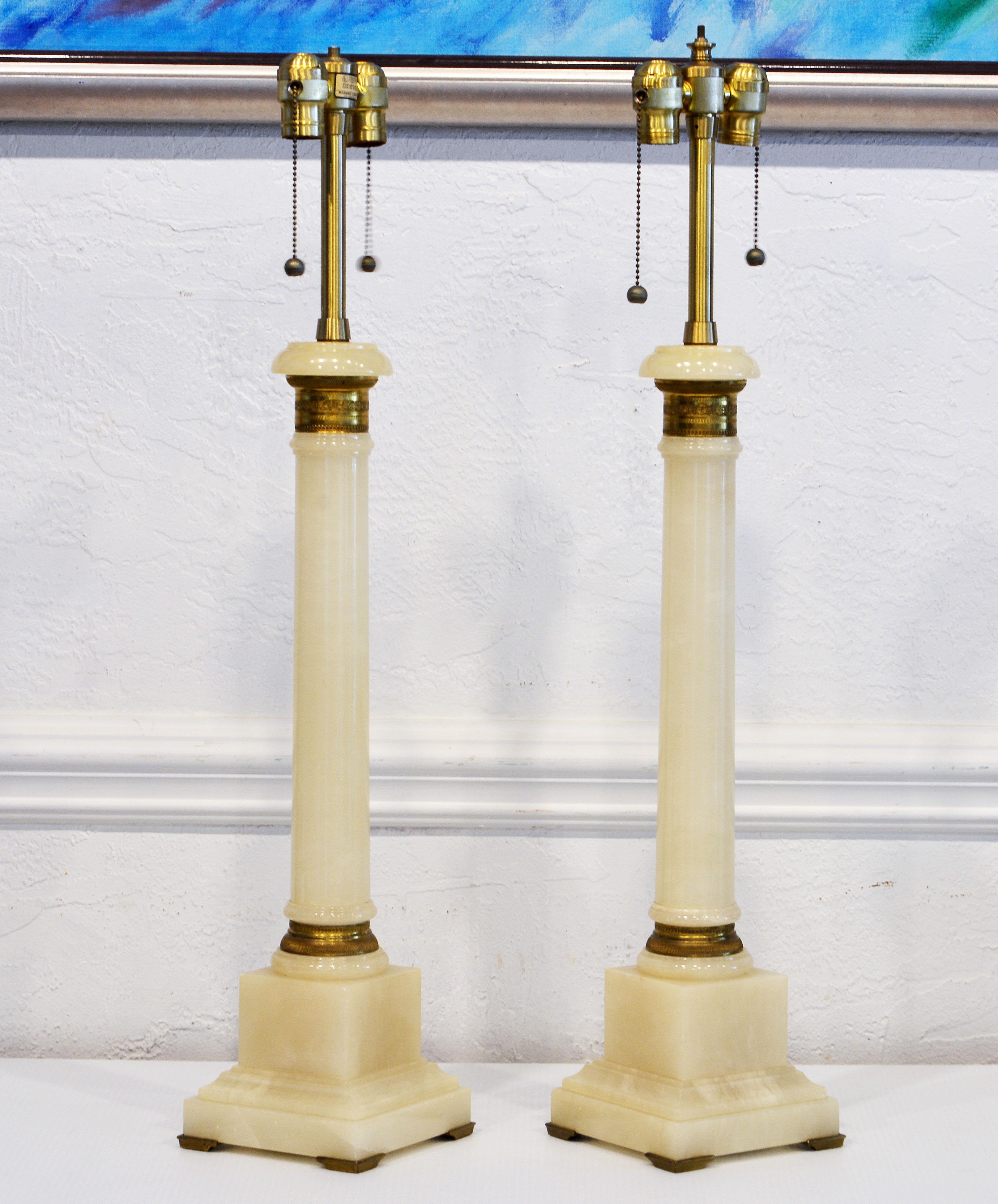 Pair of Neoclassical Style Marbro Bronze Mounted Onyx Column Table Lamps C. 1960 In Good Condition In Ft. Lauderdale, FL