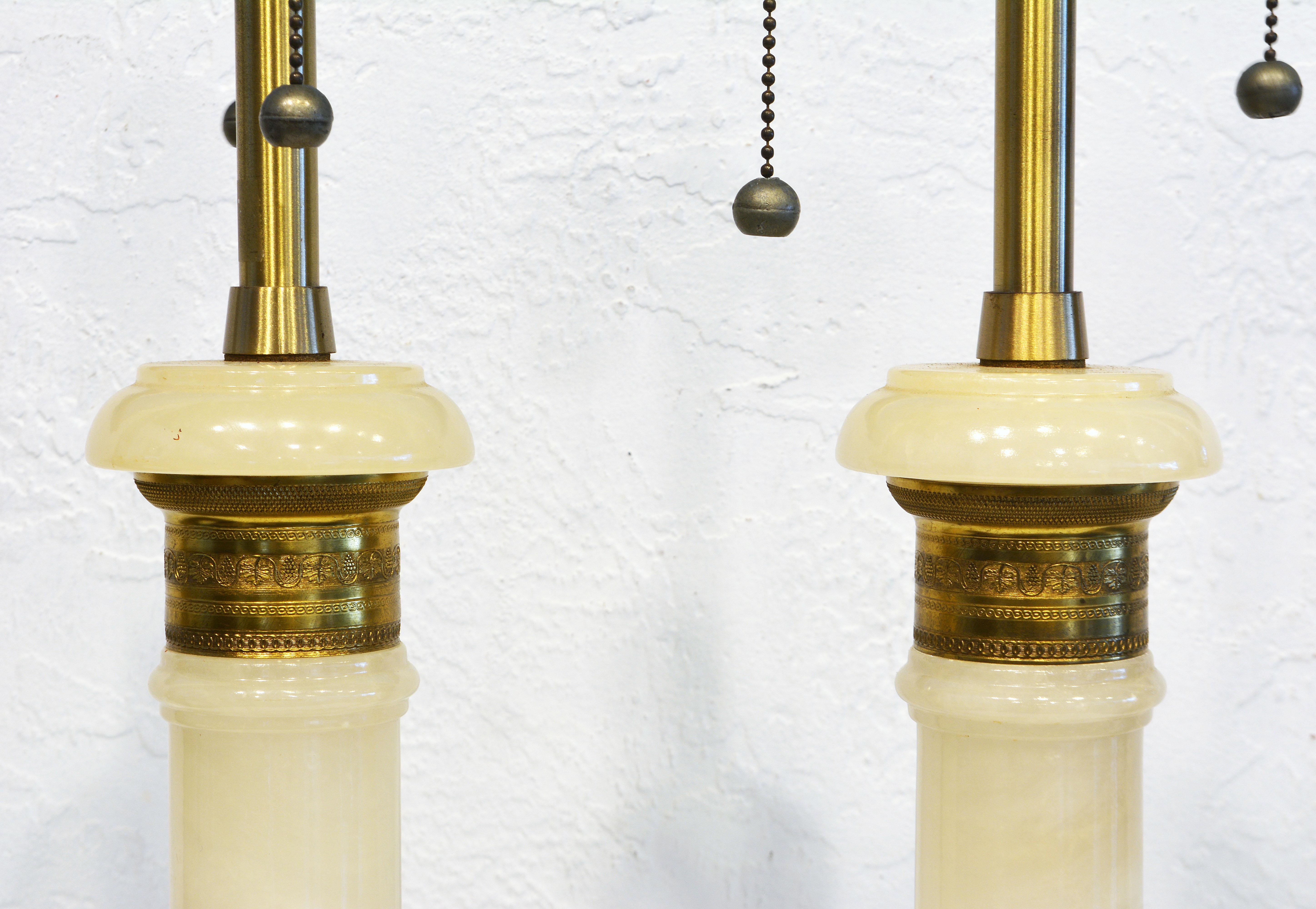 20th Century Pair of Neoclassical Style Marbro Bronze Mounted Onyx Column Table Lamps C. 1960