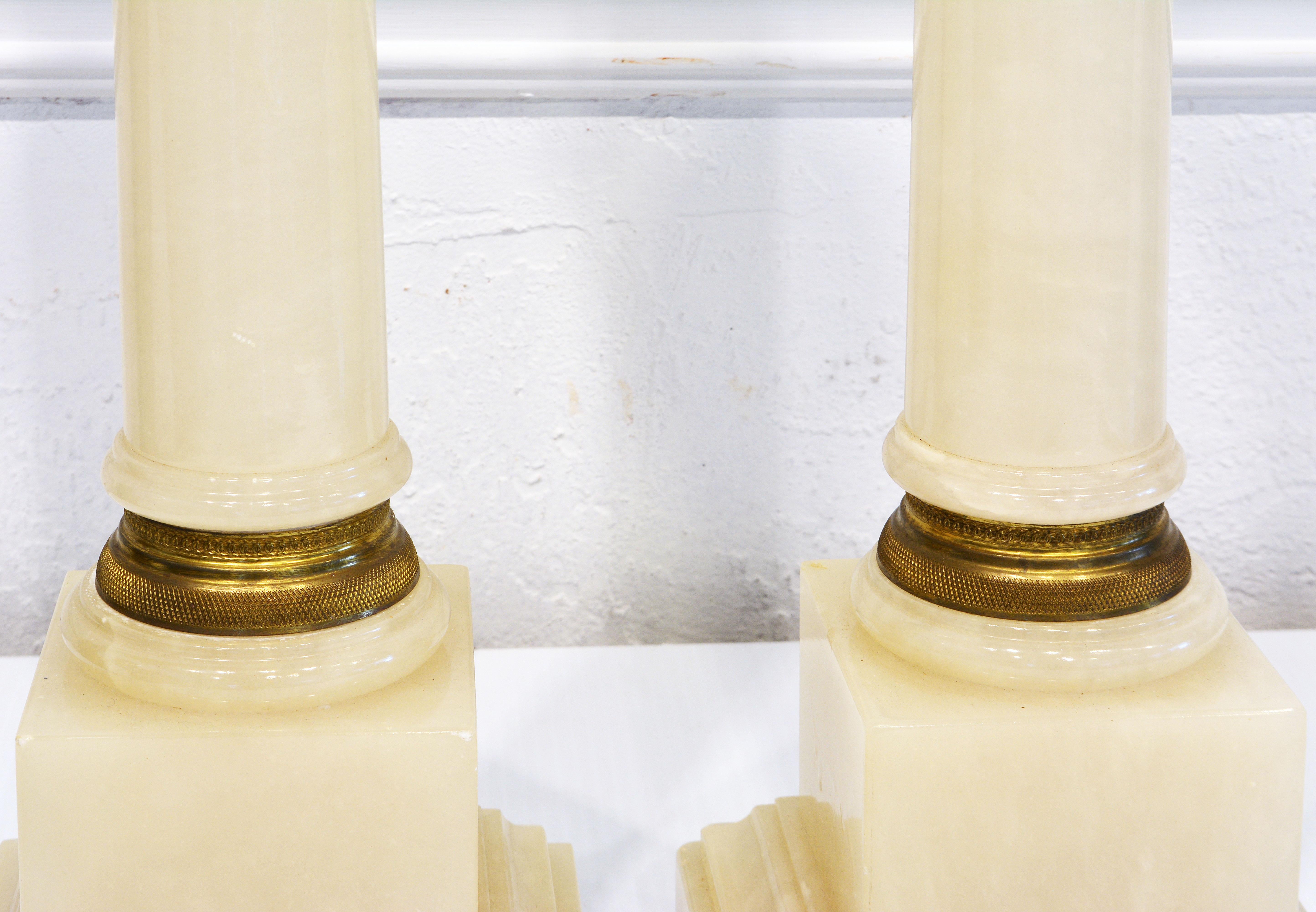 Pair of Neoclassical Style Marbro Bronze Mounted Onyx Column Table Lamps C. 1960 1