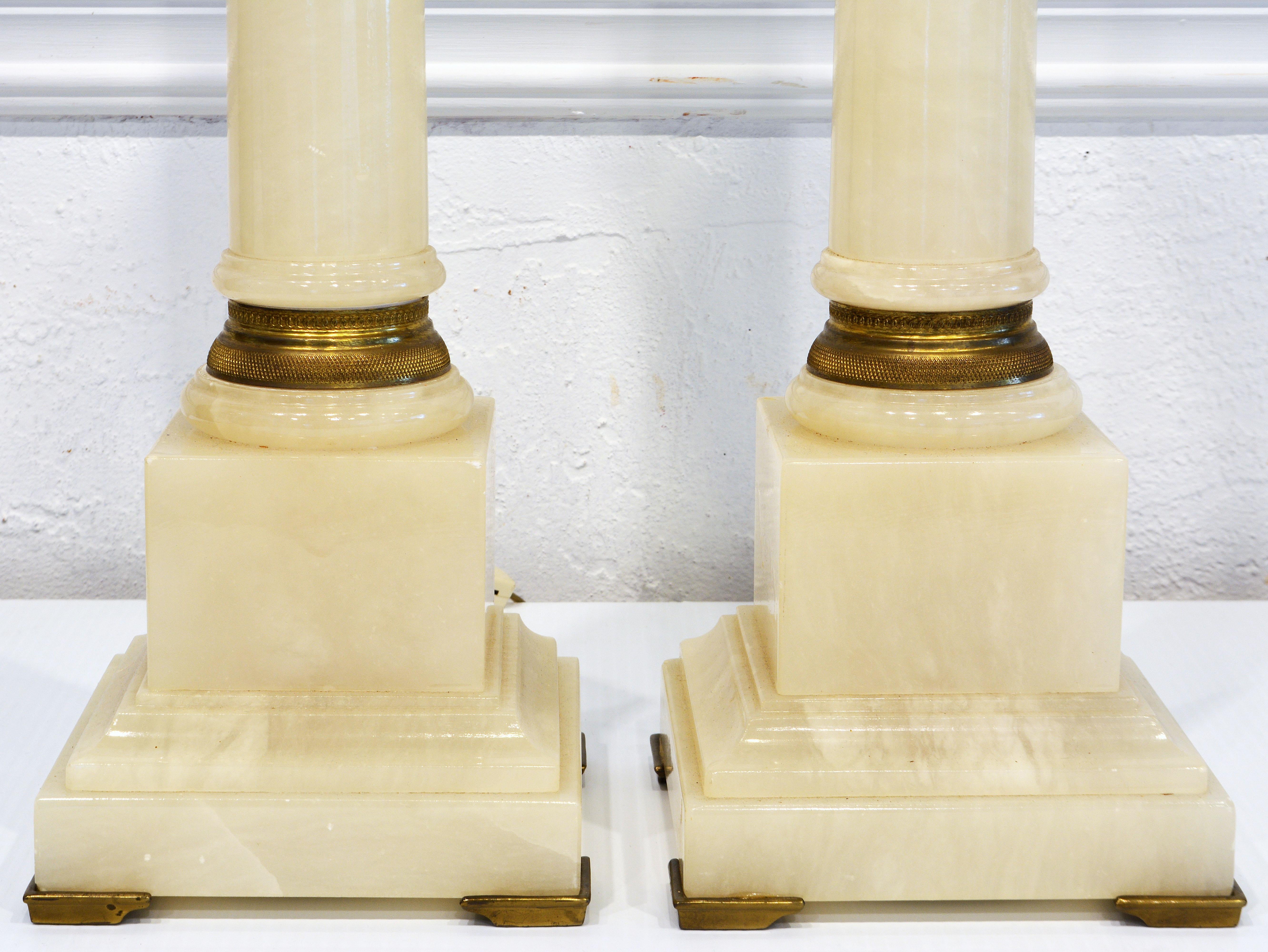 Pair of Neoclassical Style Marbro Bronze Mounted Onyx Column Table Lamps C. 1960 2
