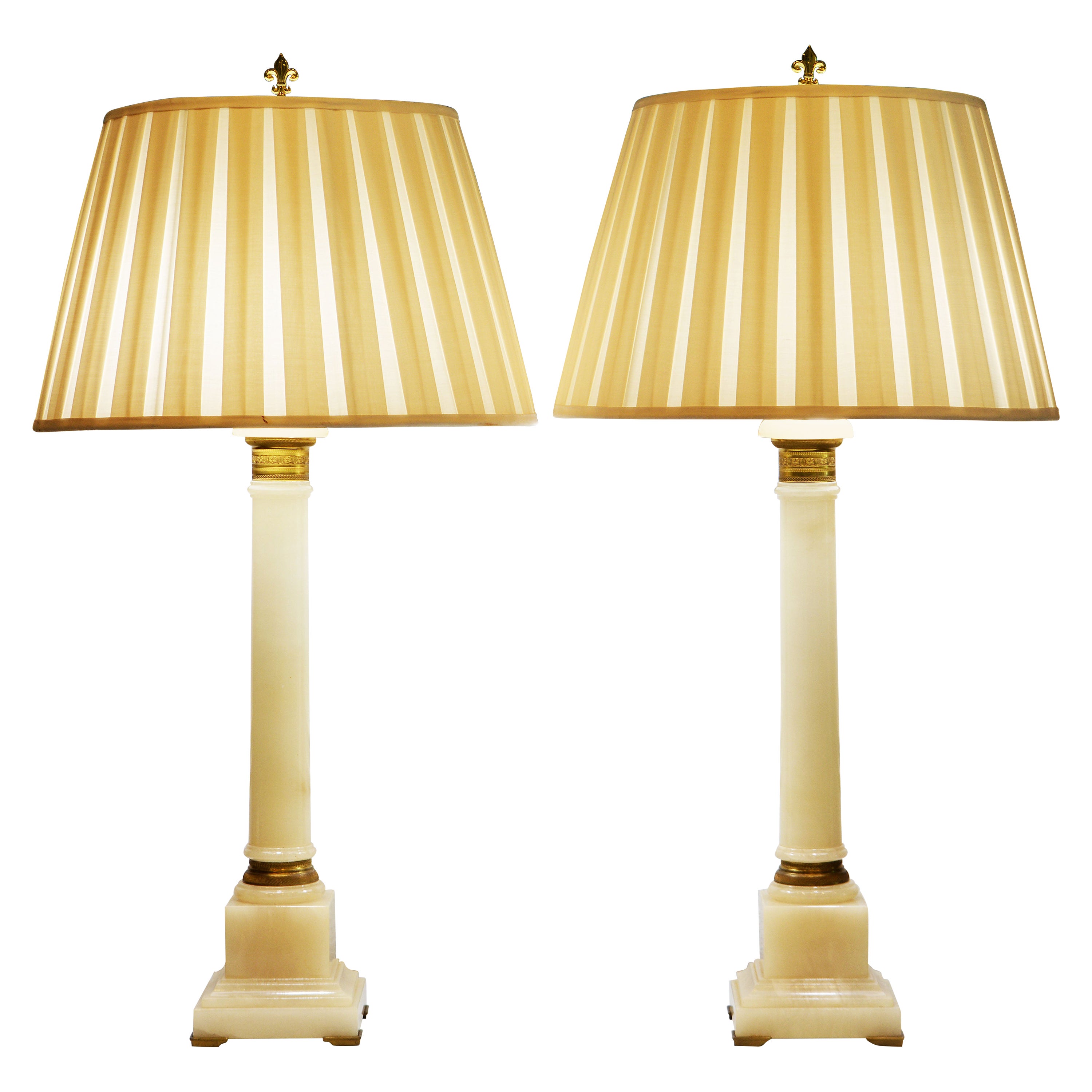 Pair of Neoclassical Style Marbro Bronze Mounted Onyx Column Table Lamps C. 1960