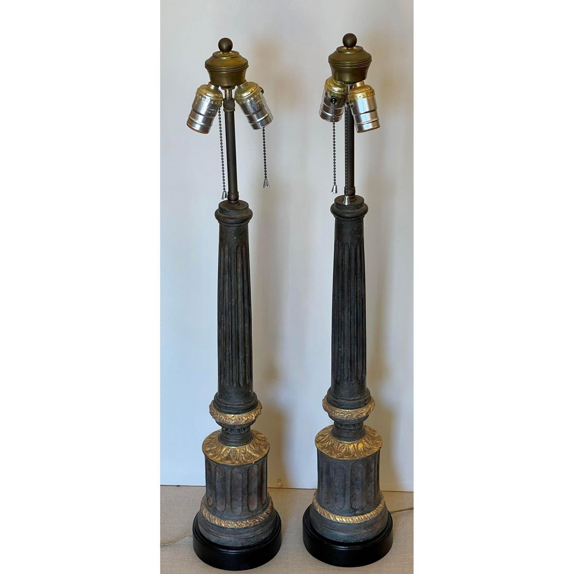 Pair of Neoclassical Style Nancy Corzine Column Form Giltwood Table Lamps In Good Condition In LOS ANGELES, CA