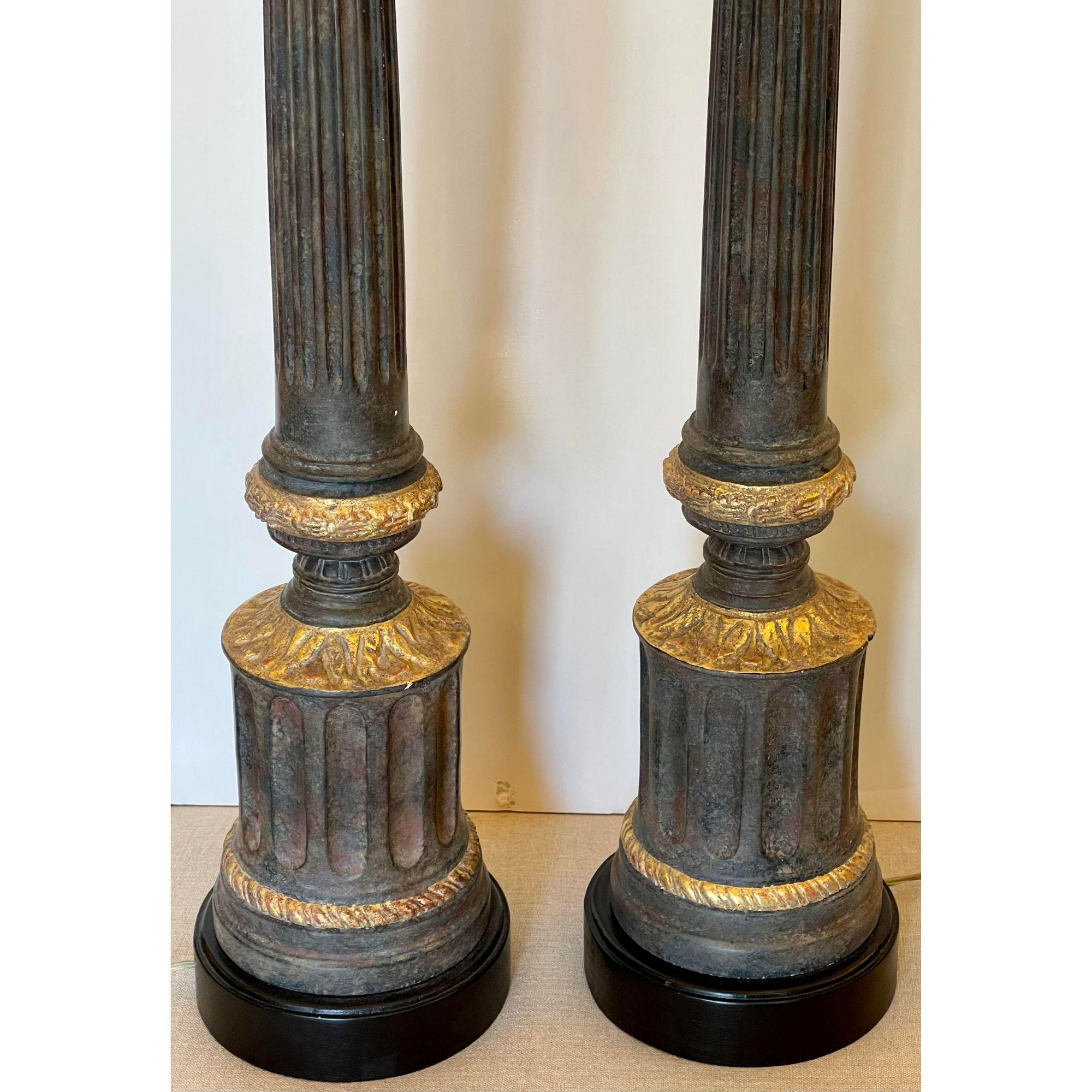 Contemporary Pair of Neoclassical Style Nancy Corzine Column Form Giltwood Table Lamps