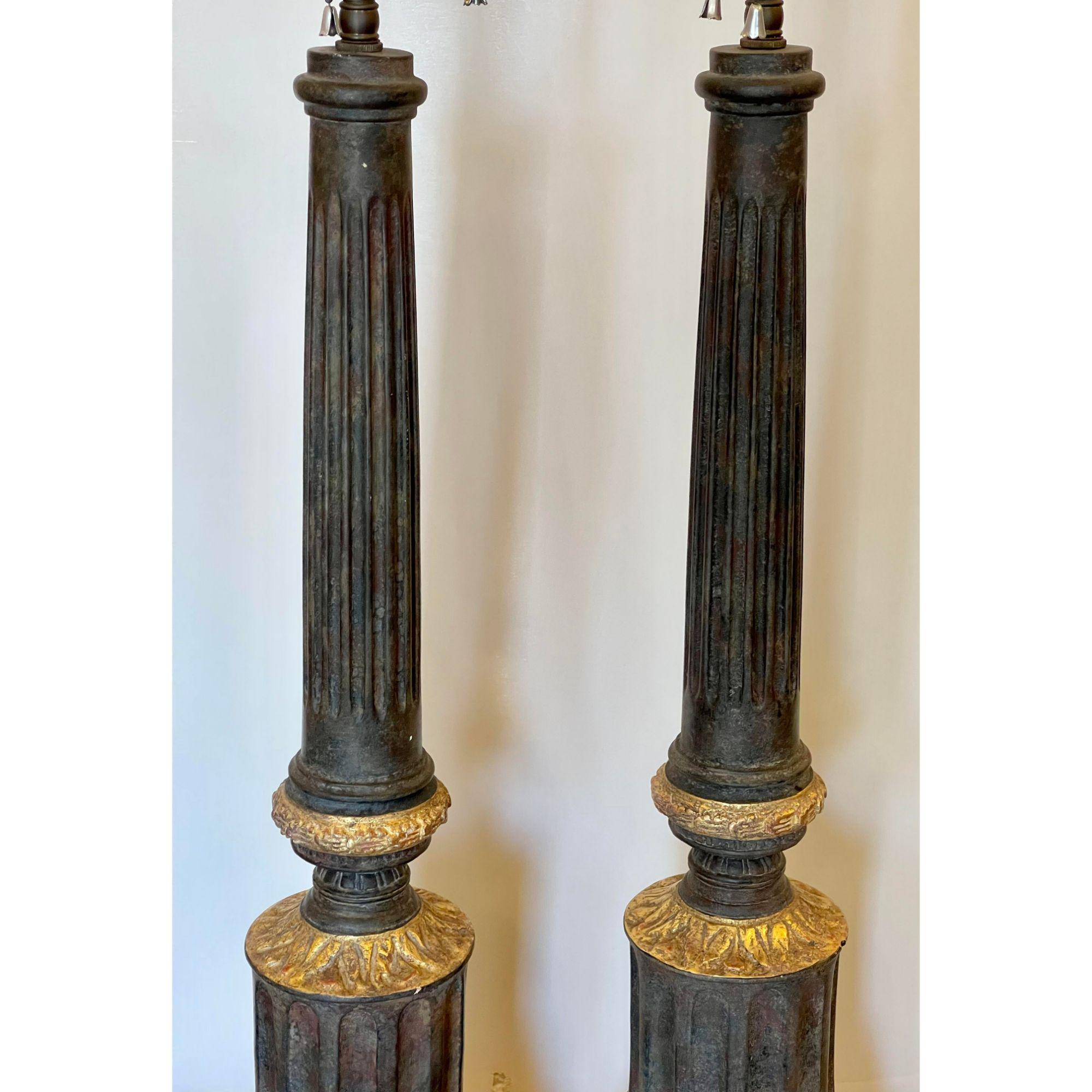 Pair of Neoclassical Style Nancy Corzine Column Form Giltwood Table Lamps 1