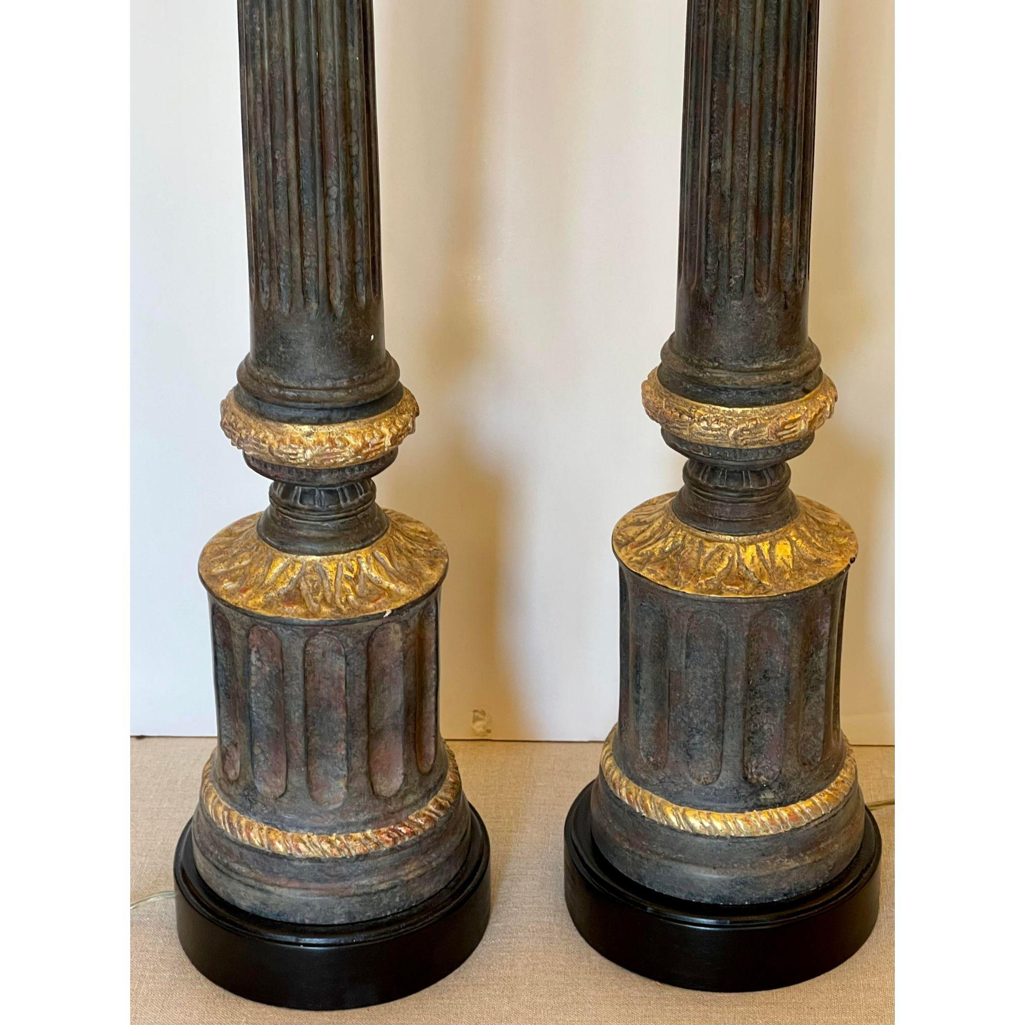 Pair of Neoclassical Style Nancy Corzine Column Form Giltwood Table Lamps 2
