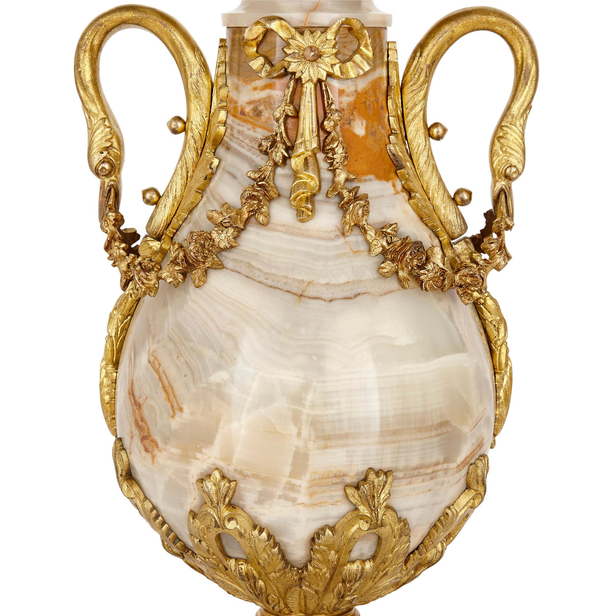 French Pair of Neoclassical Style Onyx and Gilt Bronze Vases