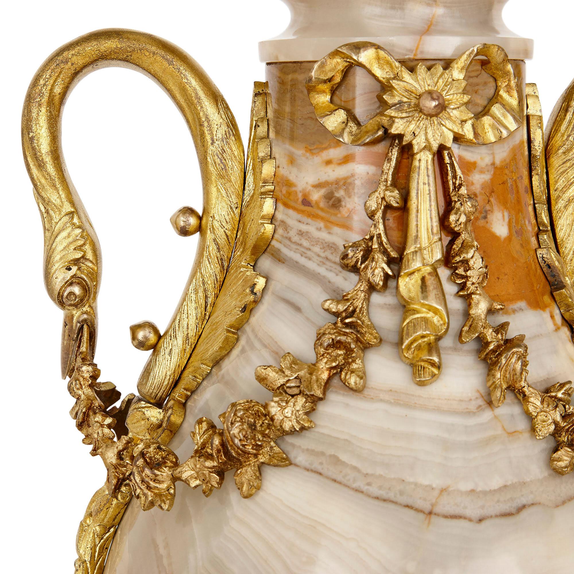 Pair of Neoclassical Style Onyx and Gilt Bronze Vases 1