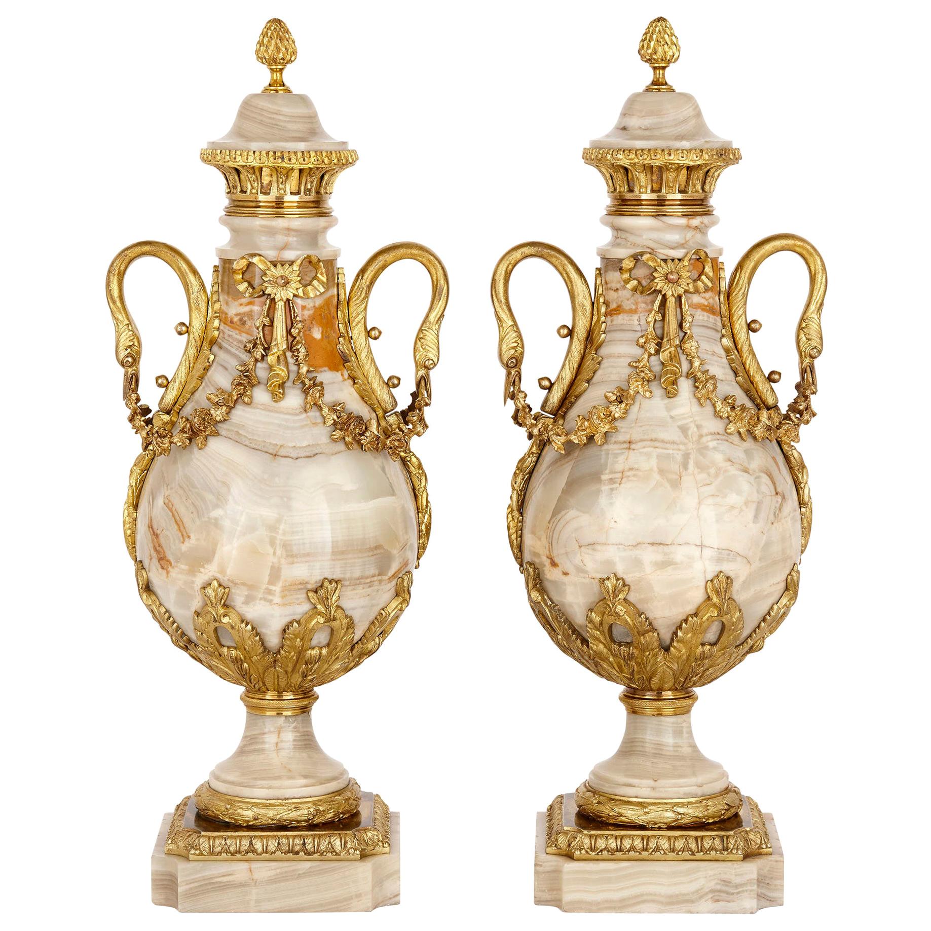 Pair of Neoclassical Style Onyx and Gilt Bronze Vases