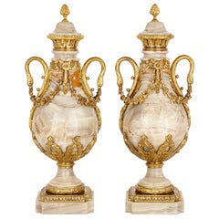 Pair of Neoclassical Style Onyx and Gilt Bronze Vases