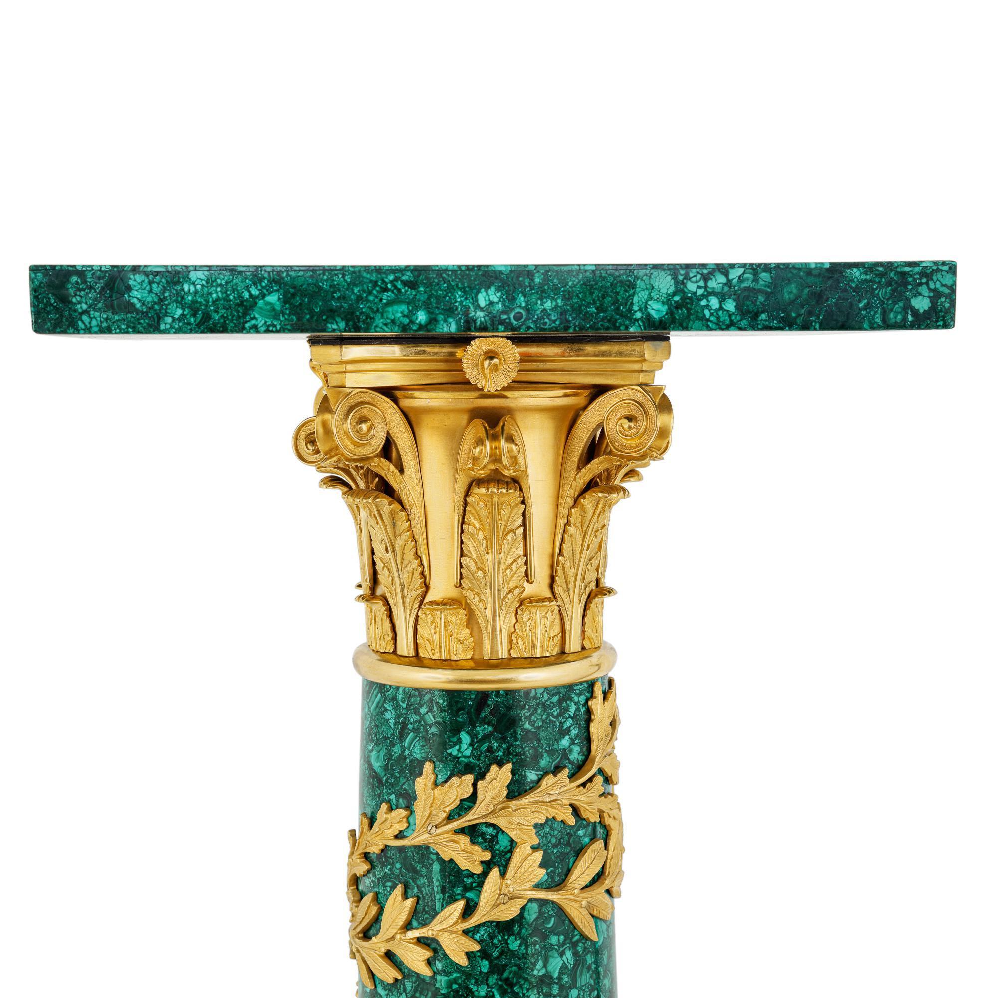 English Pair of Neoclassical Style Ormolu Mounted Malachite Pedestals For Sale