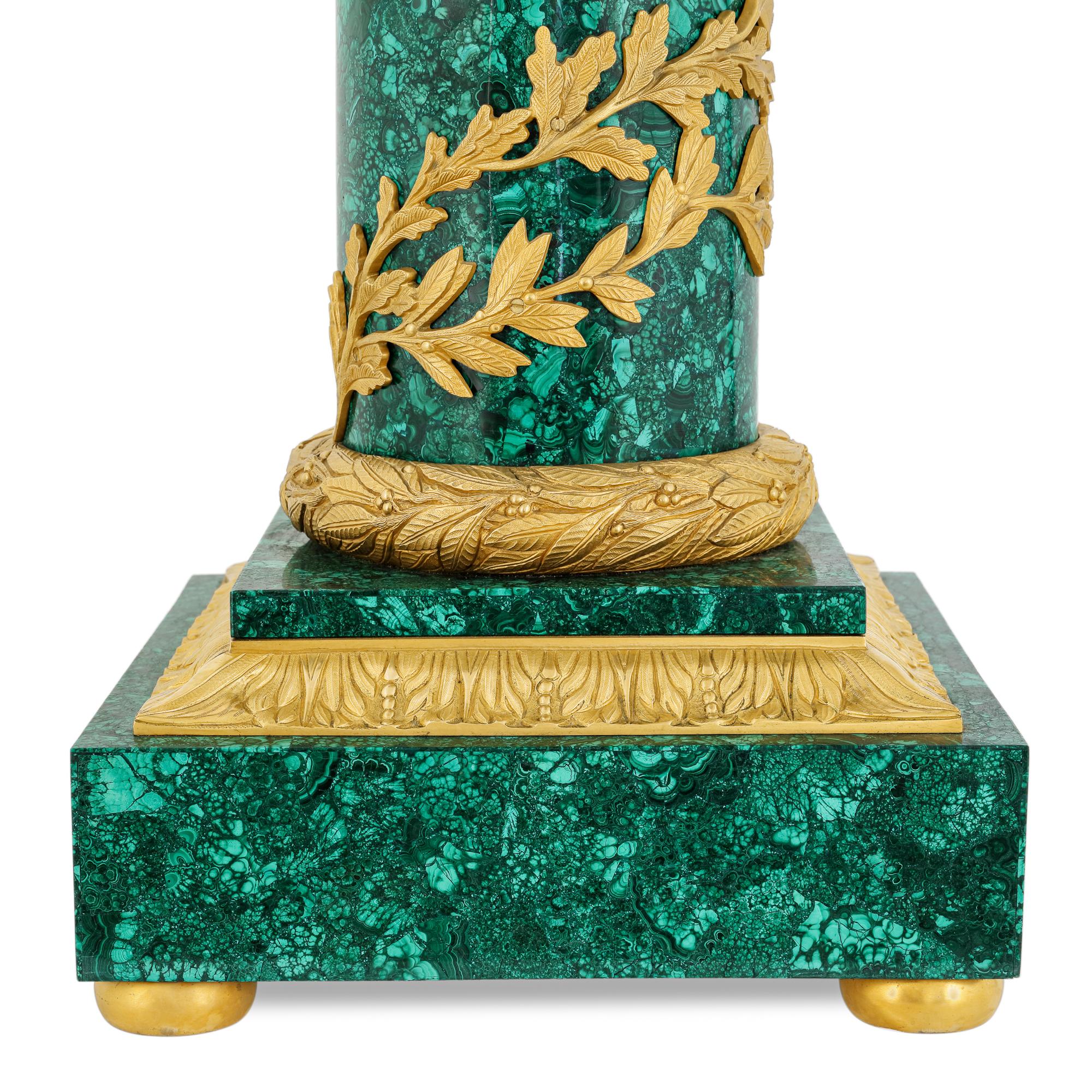 20th Century Pair of Neoclassical Style Ormolu Mounted Malachite Pedestals For Sale