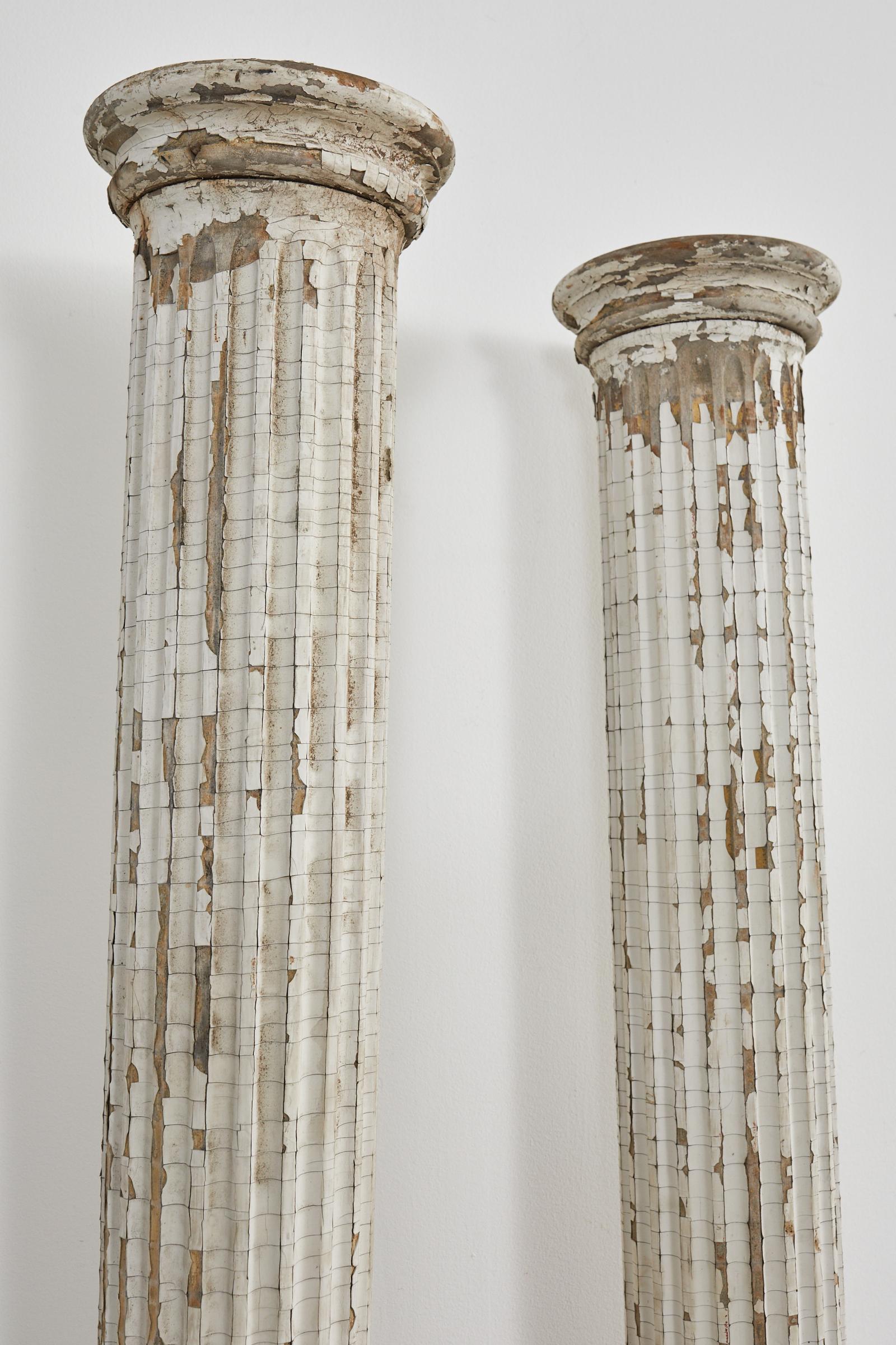 Pair of Neoclassical Style Painted Fluted Wood Columns In Distressed Condition In Rio Vista, CA