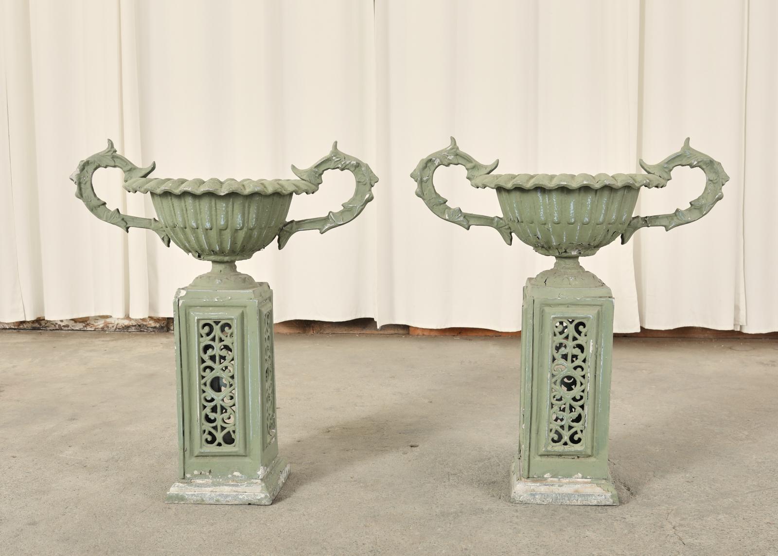 Pair of Neoclassical Style Painted Garden Urn Jardinaires In Distressed Condition For Sale In Rio Vista, CA