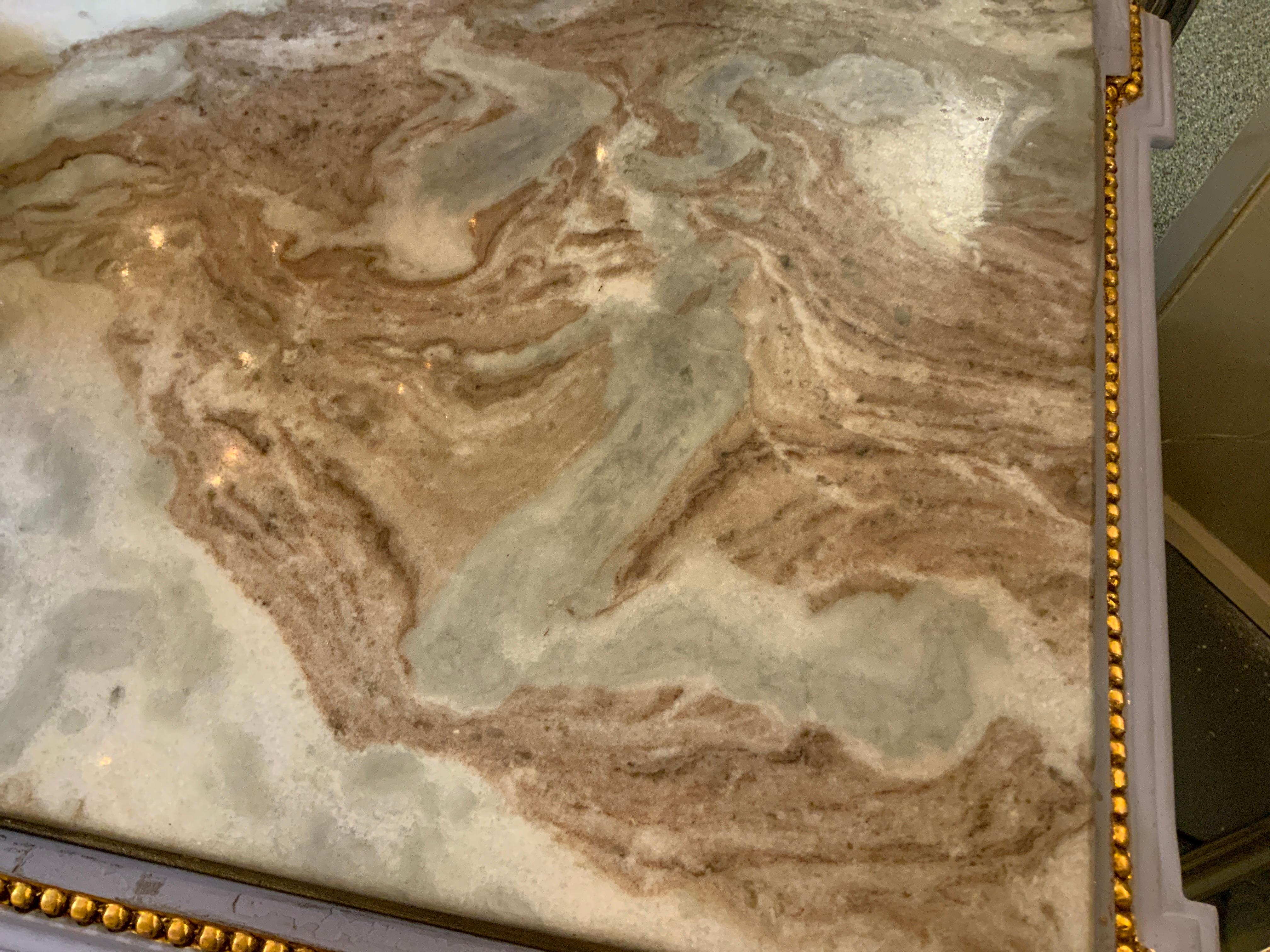 Pair of Neoclassical Style parcel gilt and gray painted marble top consoles For Sale 3