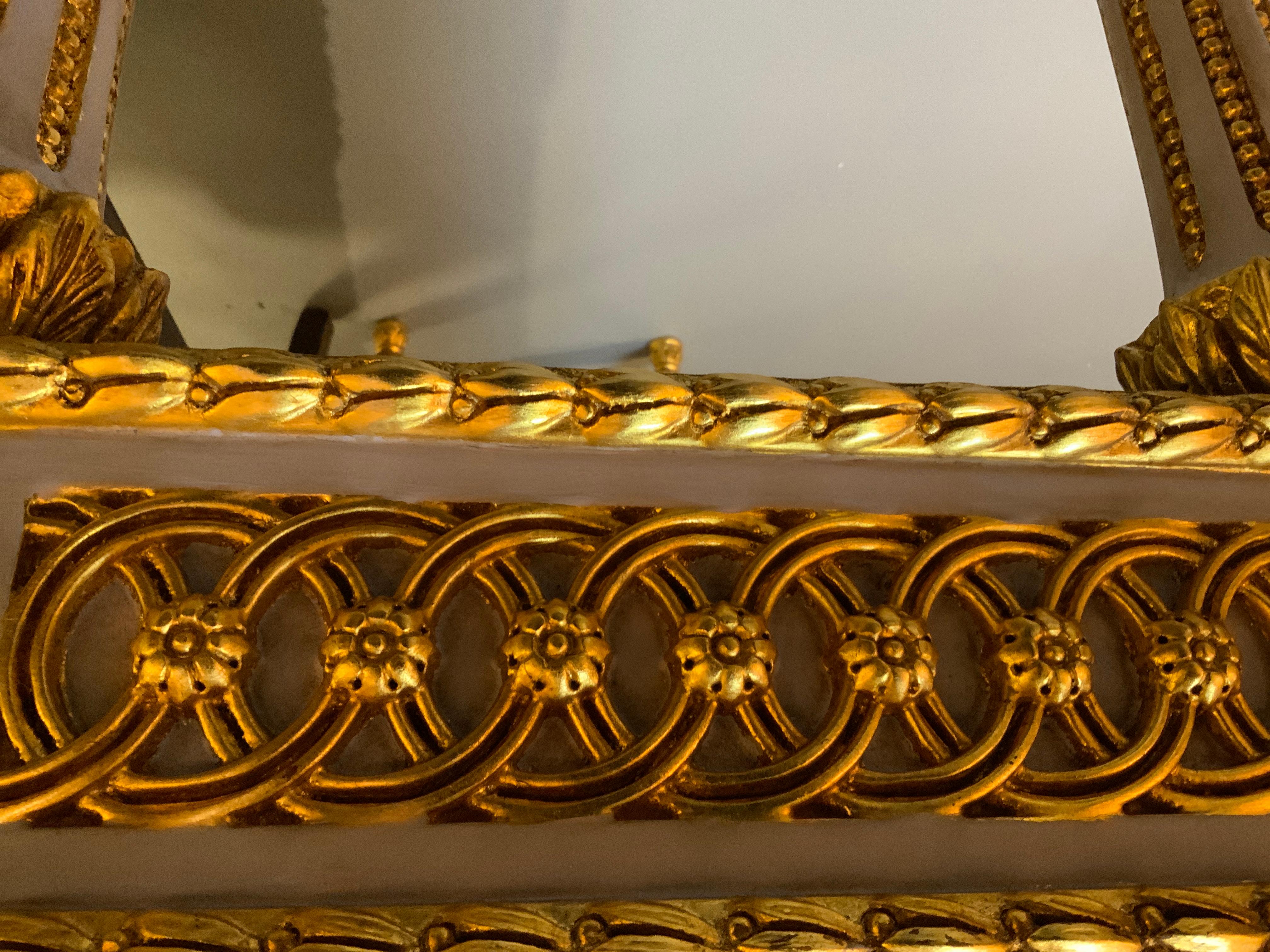 Pair of Neoclassical Style parcel gilt and gray painted marble top consoles For Sale 5