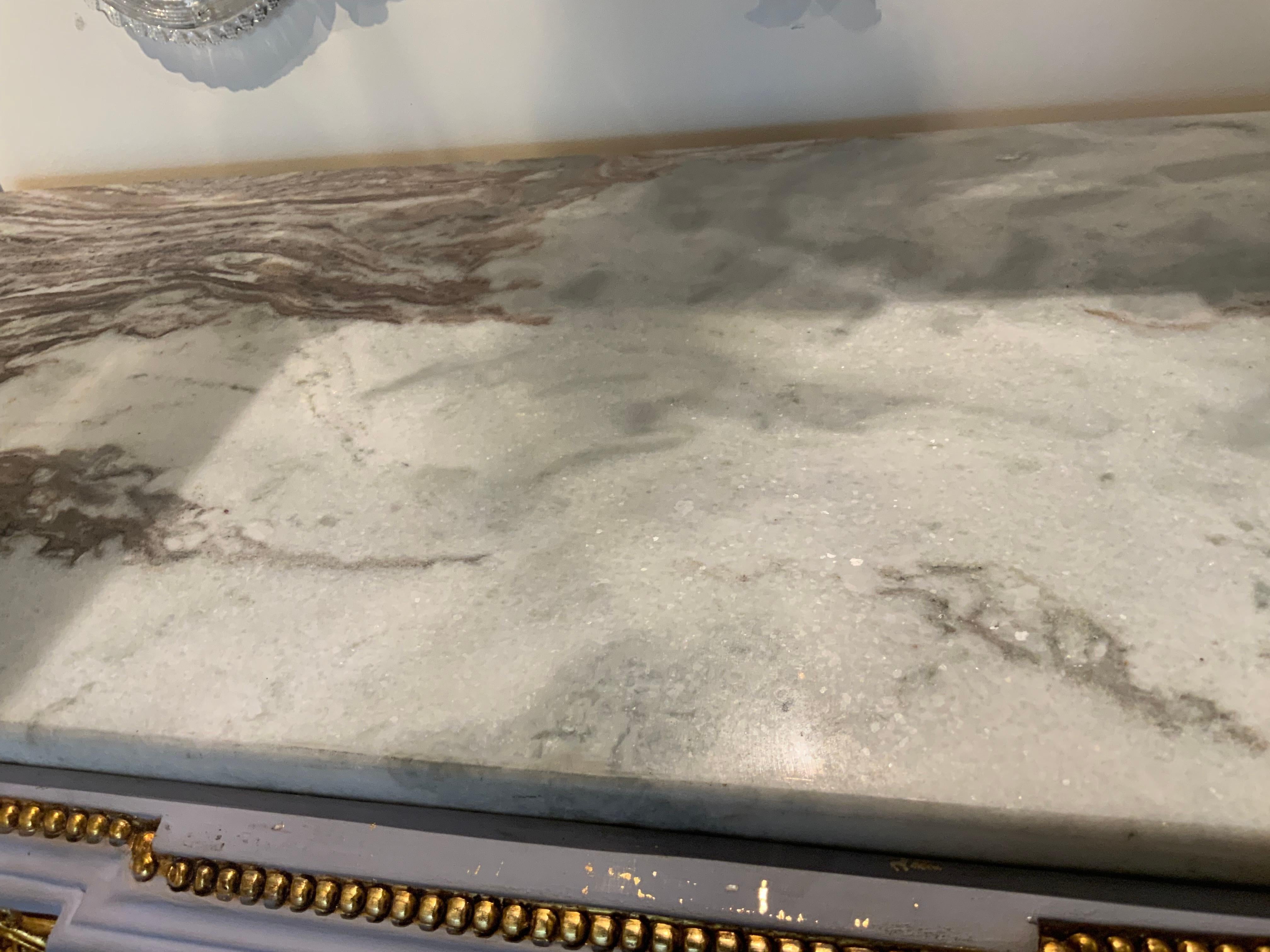 Louis XVI Pair of Neoclassical Style parcel gilt and gray painted marble top consoles For Sale