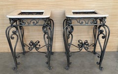 Pair of Neoclassical Style Patinated Forged Iron Planter Stands with marble top