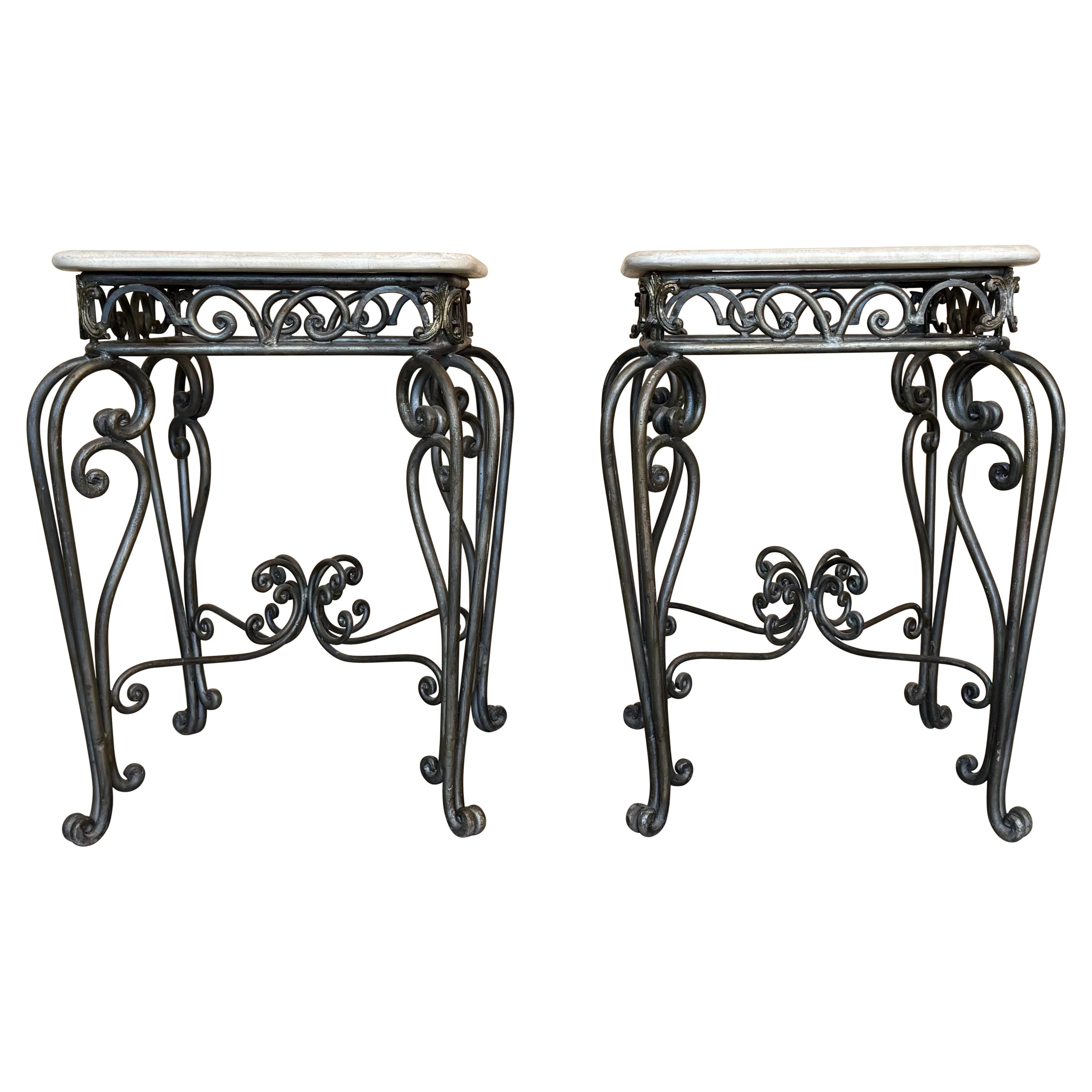 Pair of Neoclassical Style Patinated Forged Iron Planter Stands with marble top