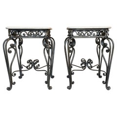 Antique Pair of Neoclassical Style Patinated Forged Iron Planter Stands with marble top
