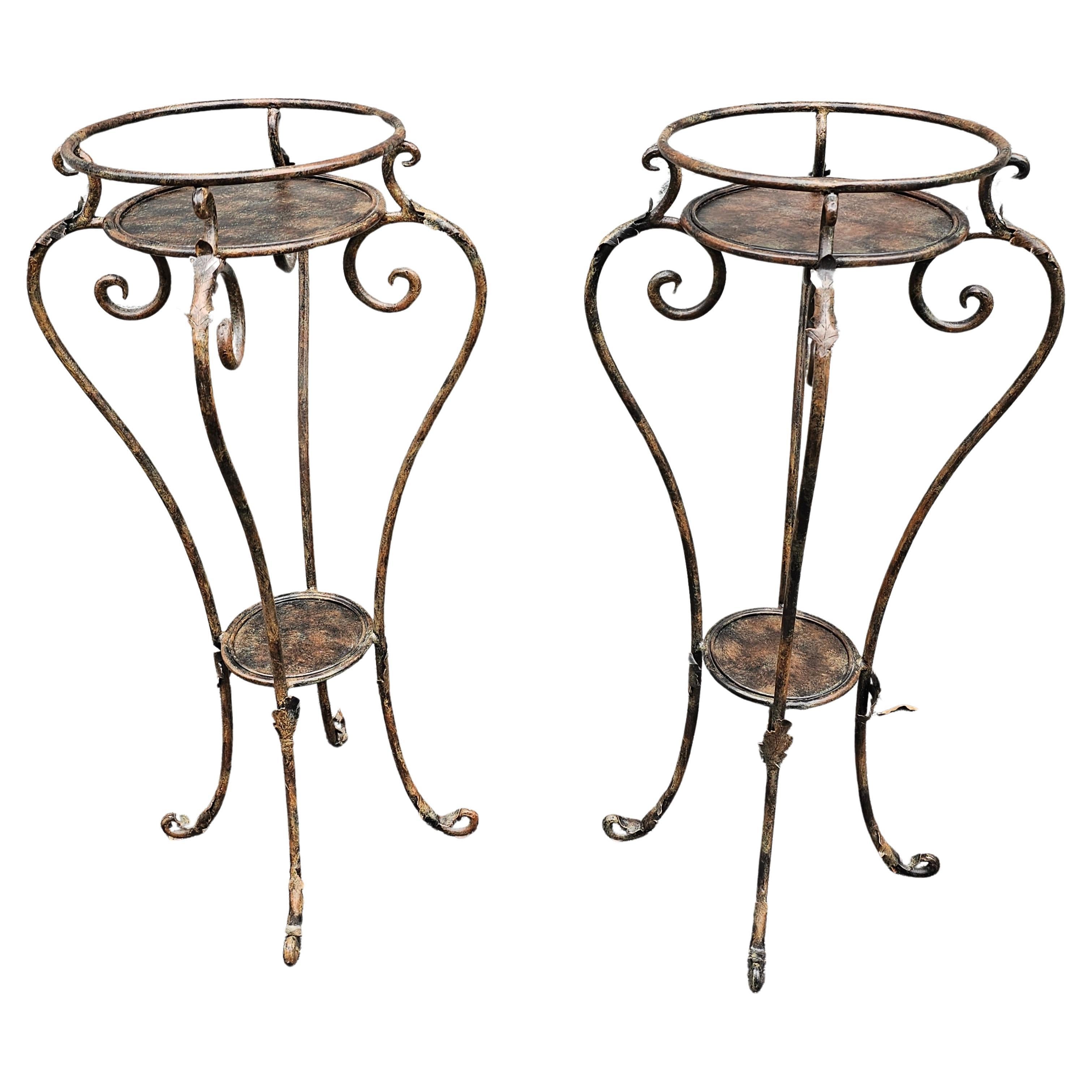 Pair Neoclassical Style Patinated forged Metal Planter Stands. Stand 33.25
