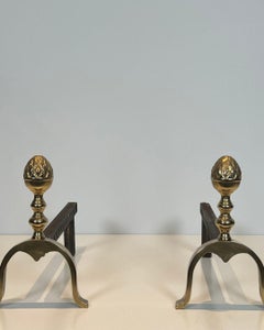 Pair of Neoclassical Style Pine Cone Brass Andirons, circa 1940