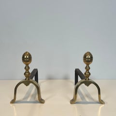 Pair of Neoclassical Style Pine Cone Brass Andirons In the Style of Maison Jans