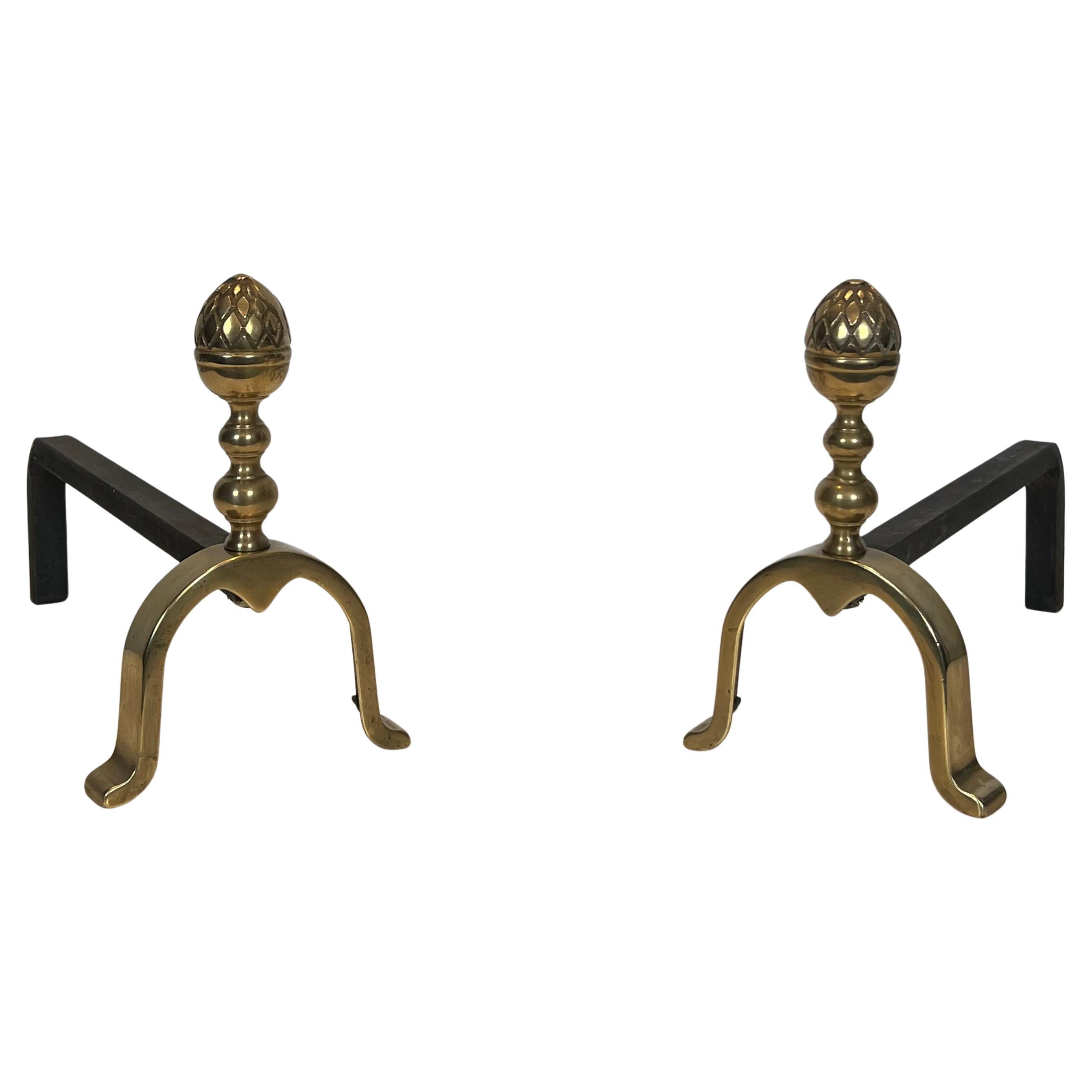 Pair of Neoclassical Style Pine Cone Brass Andirons In the Style of Maison Jans