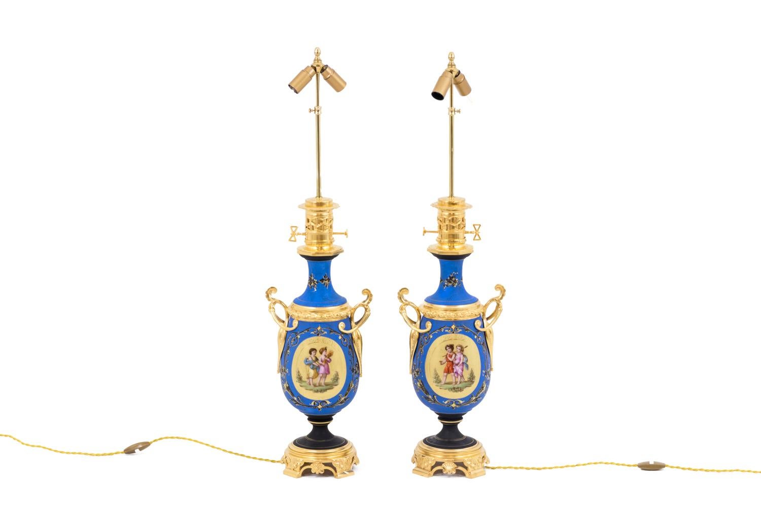 French Pair of Neoclassical Style Porcelain Lamps, Napoléon III Period For Sale