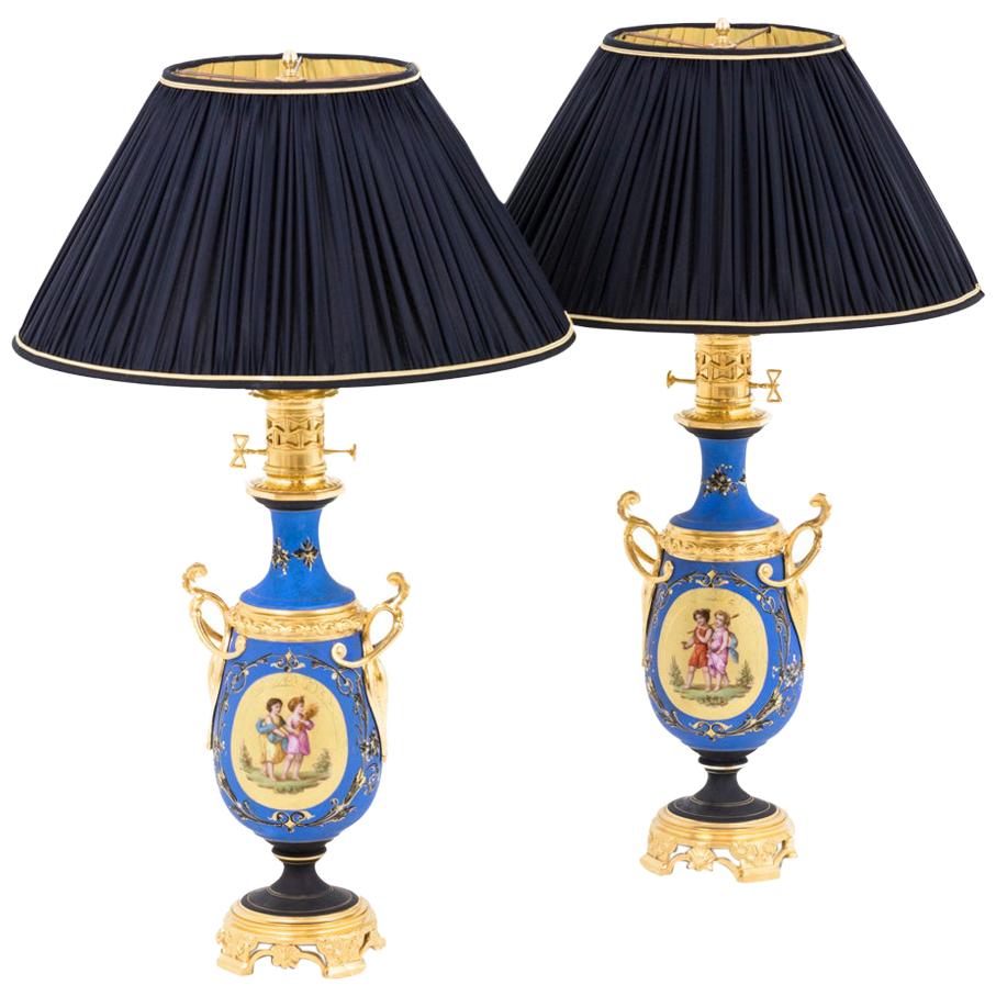 Pair of Neoclassical Style Porcelain Lamps, Napoléon III Period For Sale