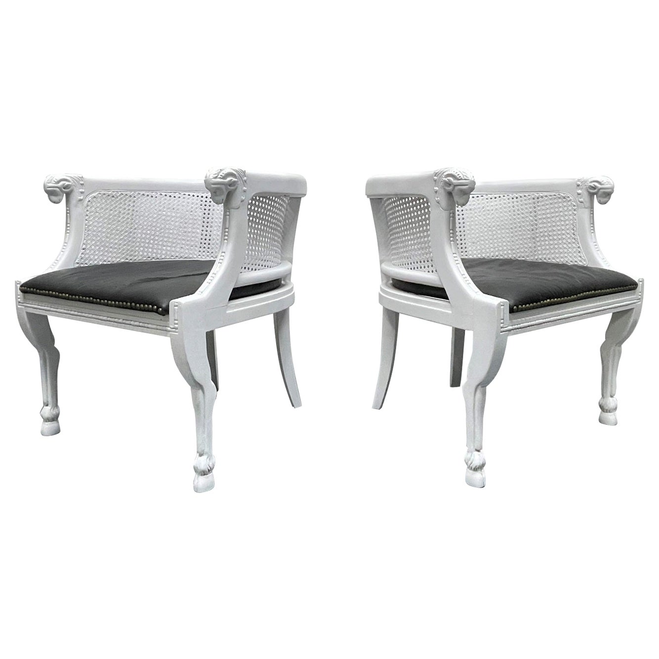 Pair of Neoclassical Style Rams Head Bergere Chairs For Sale